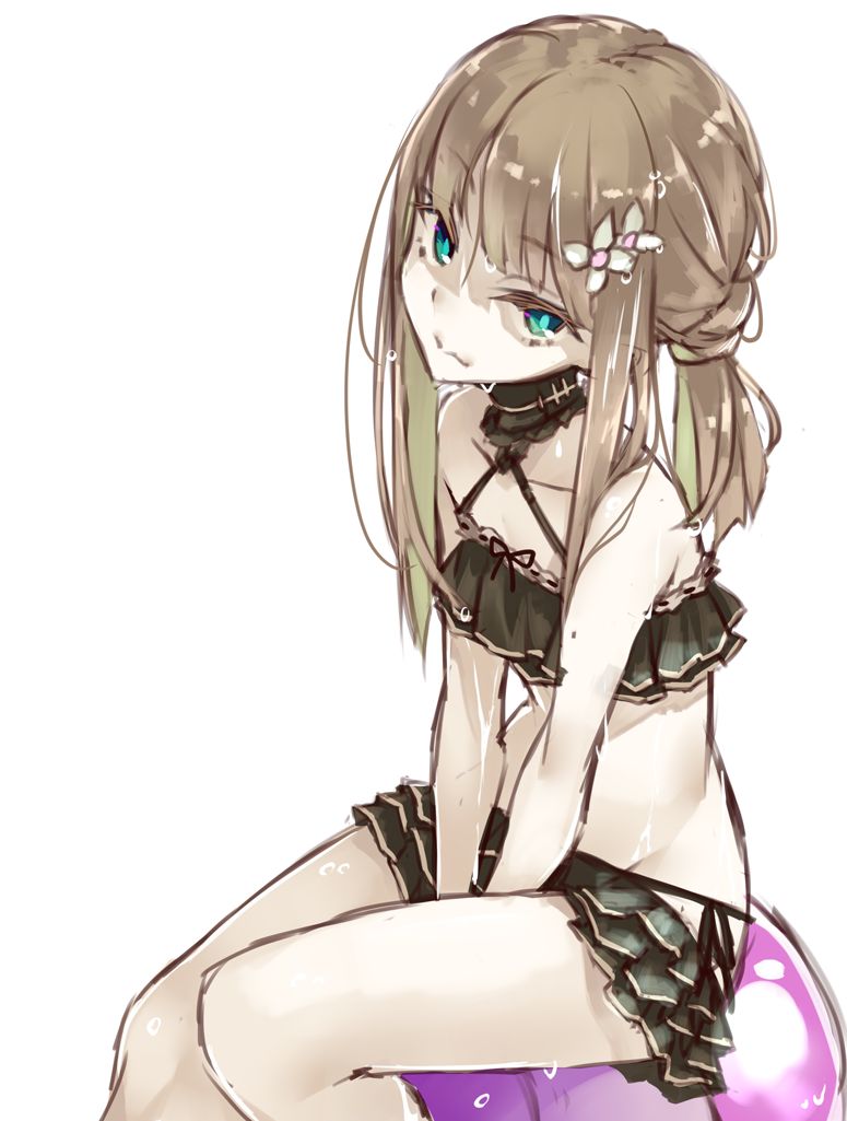 beach_ball bikini_pull black_bikini black_bikini_bottom black_bikini_top brown_hair covering_crotch green_eyes gretel_(sinoalice) hands_on_penis sinoalice sitting_on_ball