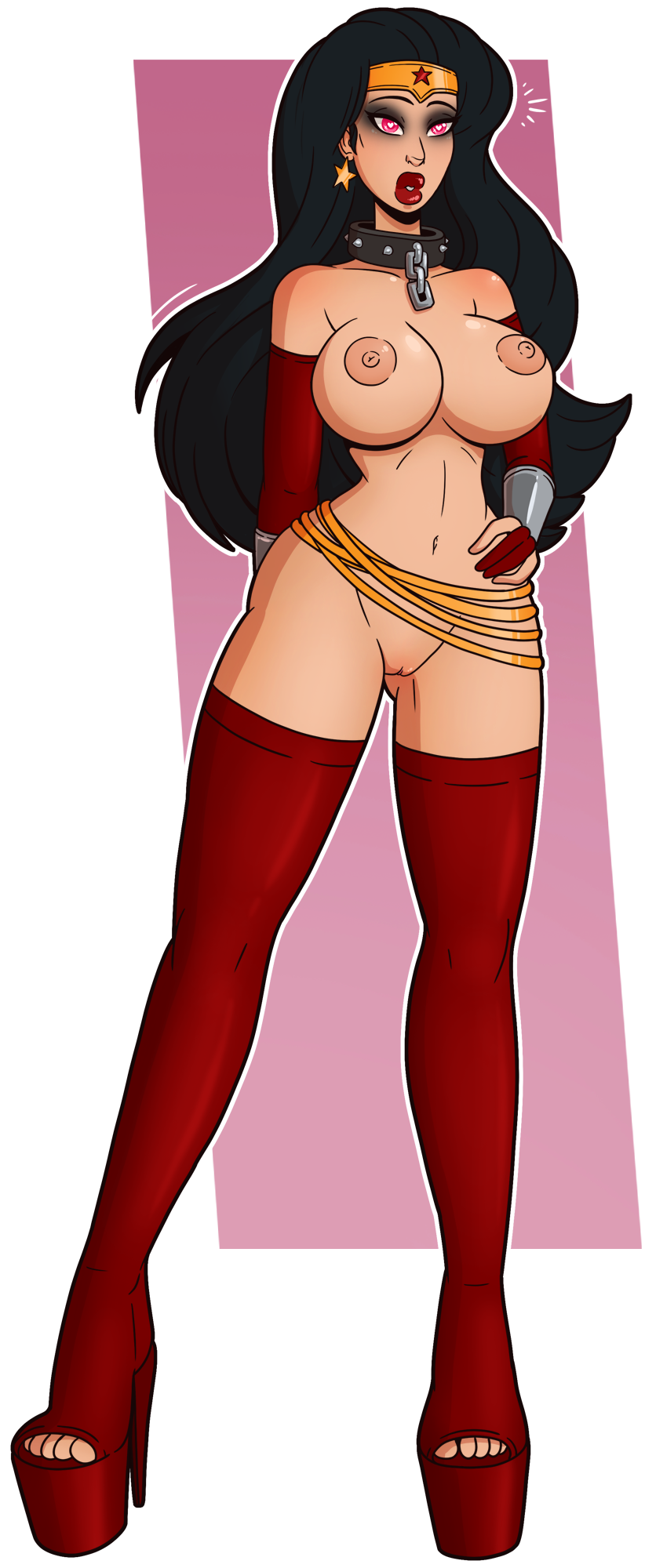 1girls, ass, bimbo, breasts, chains, corruption, dc, dc comics, diana prince, eyeshadow, female, high heel boots, high heels, huge ass, huge breasts, lipstick, makeup, nipples, platform heels, sex slave, solo, solo female, solo focus, story at source, thick lips, thick thighs, wide hips, wonder woman, wonder woman (series), wrenzephyr2