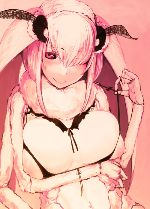 antennae arthropod_girl black_sclera blush breasts colored_sclera commentary_request female fewer_digits large_breasts looking_at_viewer mashiro_(solopipb) monster_girl moth_girl moth_wings nipples original red_eyes short_hair solo solopipb sweater white_hair wings