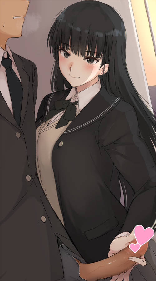 1boy amagami assertive_female ayatsuji_tsukasa bangs black_eyes black_hair blouse blush bow bowtie breasts censored coat female femdom handjob long_hair looking_at_viewer mobu necktie penis school_uniform skirt smile standing sweater