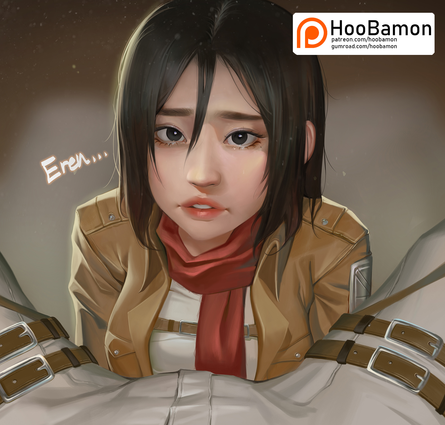 1boy, 1girls, attack on titan, black eyes, black hair, clothed, clothed female, female, fully clothed, hoobamon, human, imminent sex, looking at viewer, male, male pov, mikasa ackerman, pov, shingeki no kyojin, unseen male face