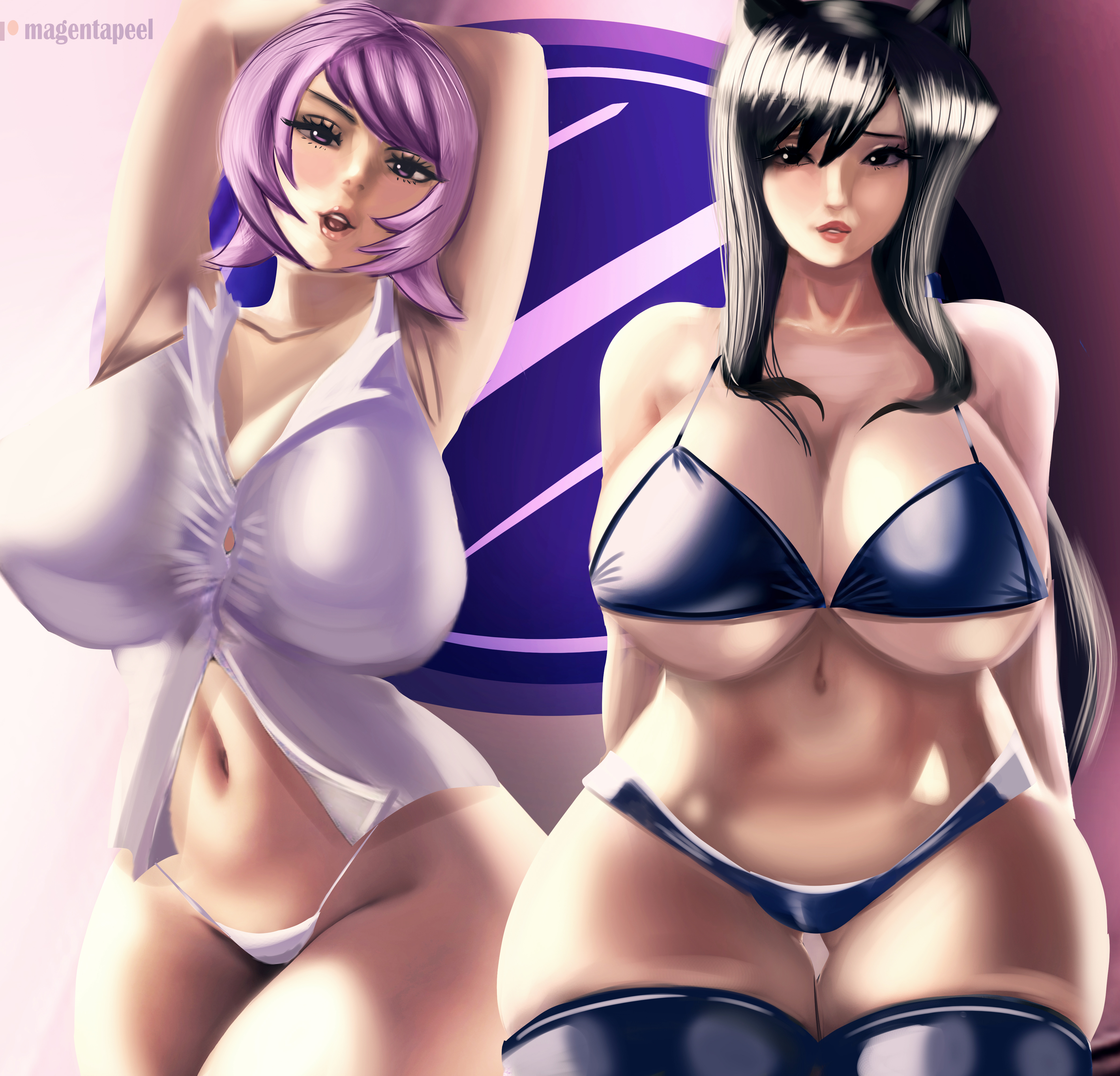 2girls, bikini, black eyes, curvy, female, komi shouko, komi-san wa komyushou desu, latex, magentapeel, milf, osana najimi, panties, purple hair, thick thighs, uniform, wide hips, yuri