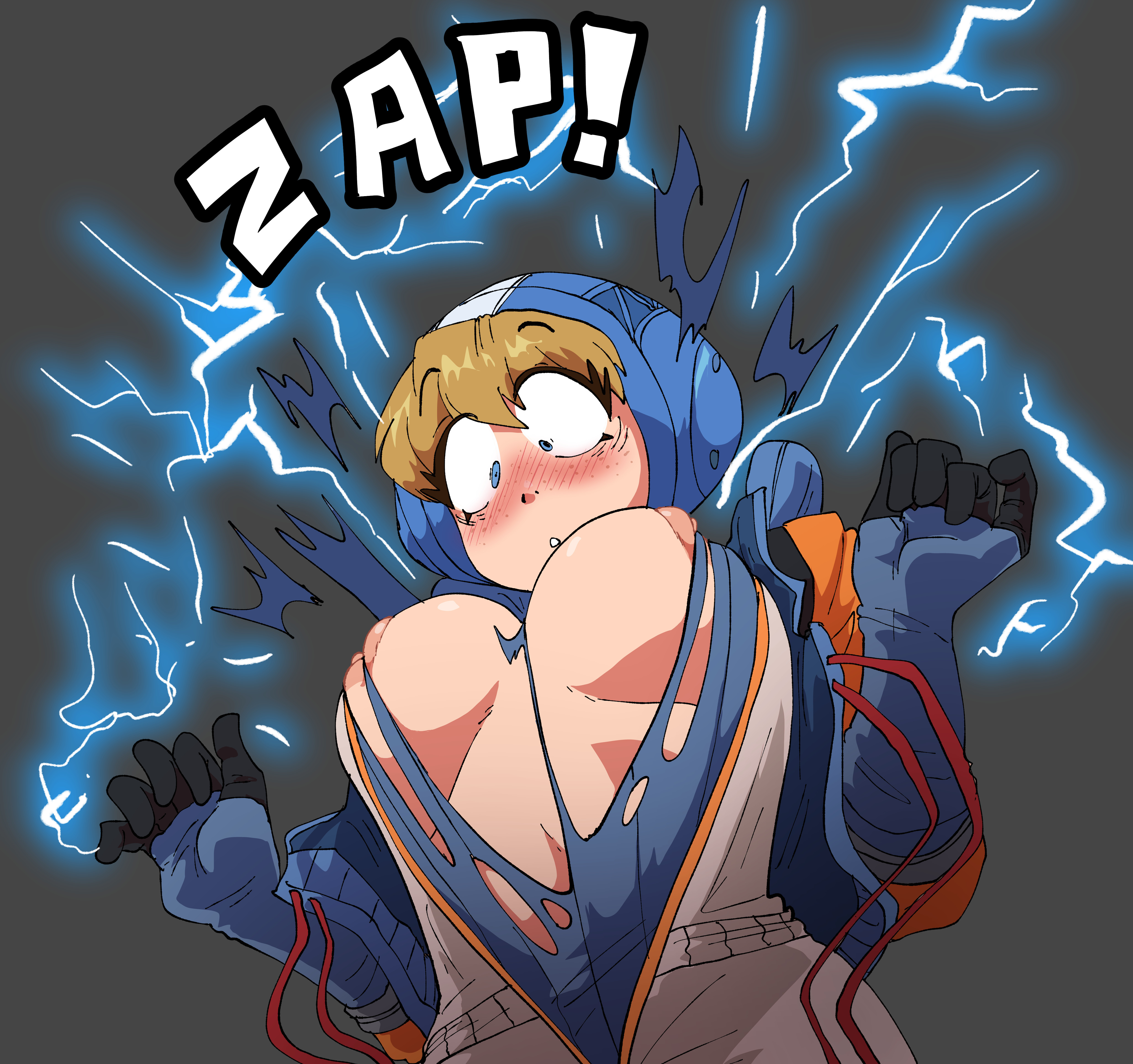 apex legends, big breasts, blush, breasts, breasts out, female, growth, inker comics, inkershike, nipples, simple background, wardrobe malfunction, wattson (apex legends)