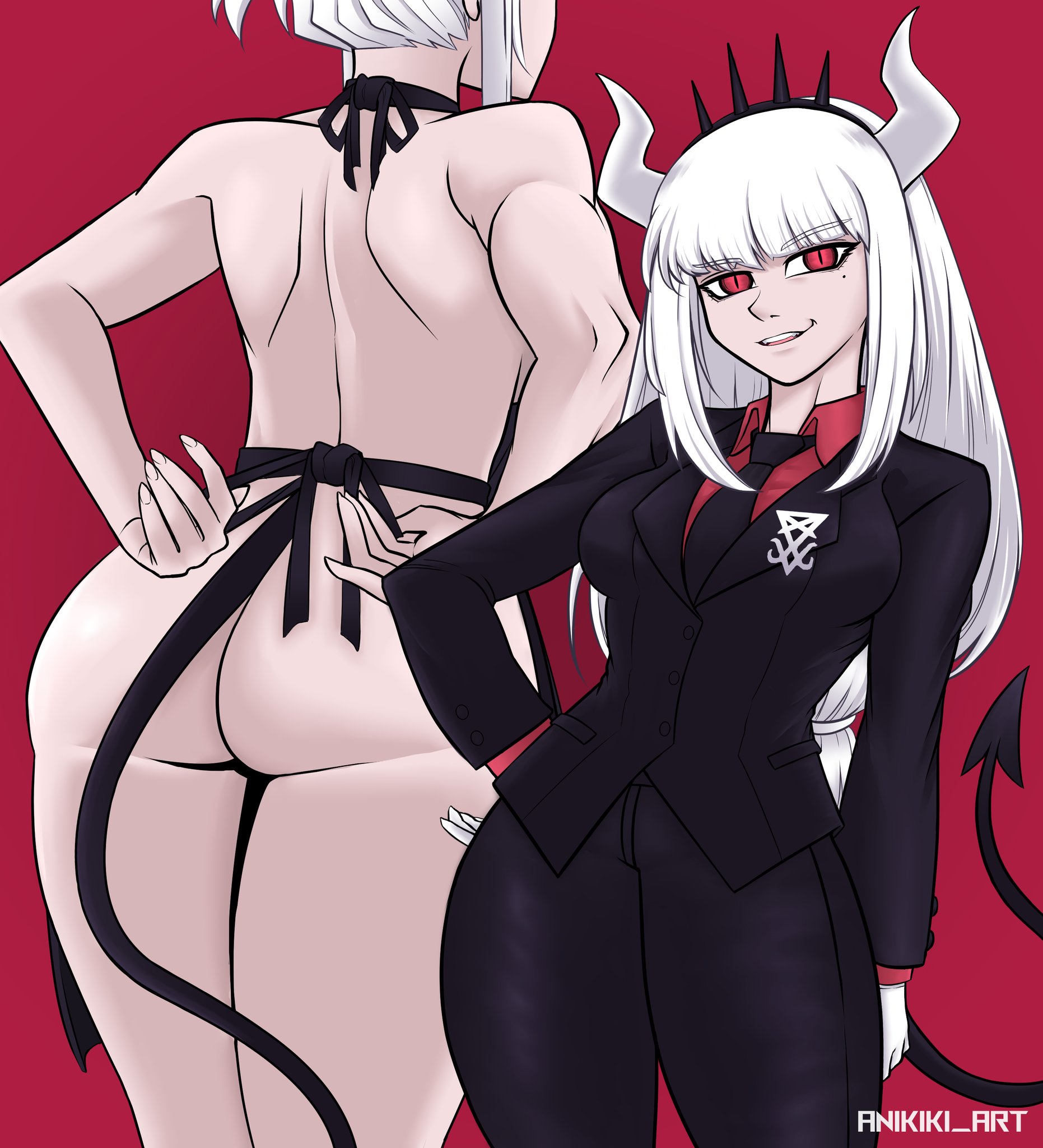 1girls, anikiki kun, apron, apron only, artist signature, ass, ass focus, business suit, clothed, female, fit, fit female, fully clothed, hair, hand on hip, helltaker, hourglass figure, lucifer (helltaker), mole under eye, nude, nude female, ponytail, red background, red eyes, solo, solo female, solo focus, suit, tail, white hair