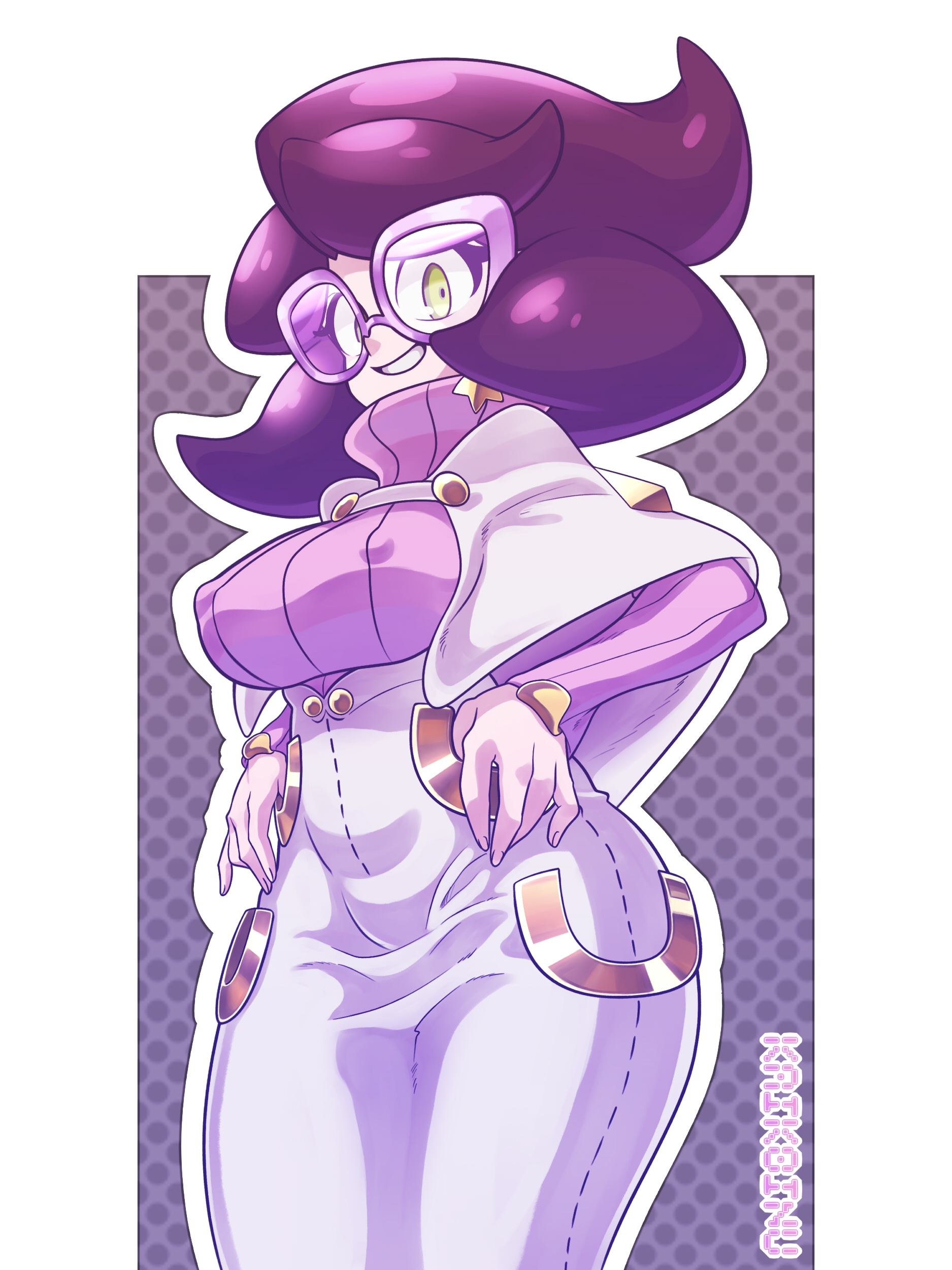 1girls, big breasts, breasts, chubby, chubby female, cute, erect nipples, erection under clothes, eye contact, female, glasses, green eyes, huge breasts, kaikoinu, large breasts, looking at viewer, mature female, nintendo, nipple bulge, nipples, nipples visible through clothing, pokemon, pokemon sm, purple hair, standing, wicke (pokemon), wide hips