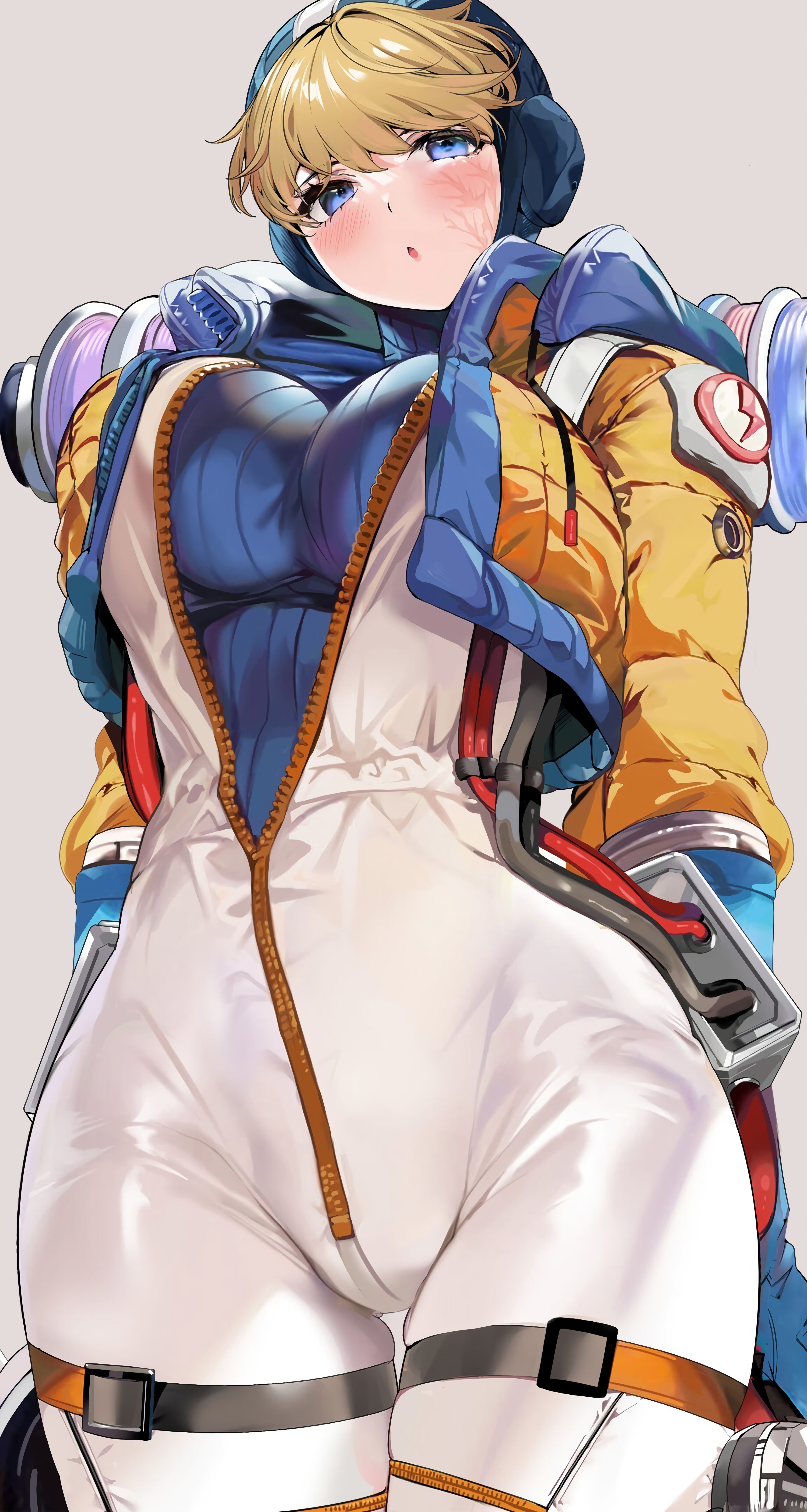 1girls, apex legends, ass, big breasts, blonde hair, blue eyes, breast squeeze, breasts, breasts out, female, fully clothed, lichtenberg figure, marushin (denwa0214), pussy, scar, solo, thick, thick ass, thick legs, thick thighs, thigh highs, tight clothes, tight clothing, tight pants, wattson (apex legends)