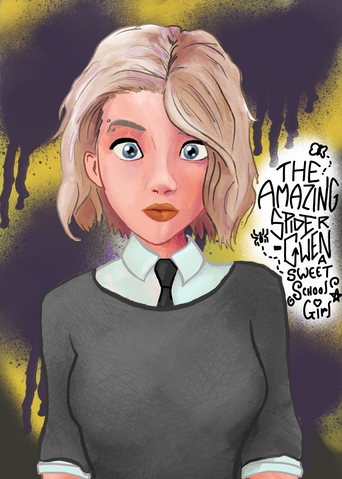 1girls, 2020, aged up, artist logo, asking for it, before sex, blonde hair, blue eyes, blush, button down shirt, caption, clothed, consensual, cute, dbx, english, english text, eyebrow piercing, female, female only, full lips, grey eyes, gwen stacy, jumper, marvel, marvel comics, necktie, open eyes, pierced eyebrow, piercing, piercings, school uniform, short hair, solo, spider-man (series), spider-man: into the spider-verse, sweater, teenage female, teenager, wide eyed, young, younger female