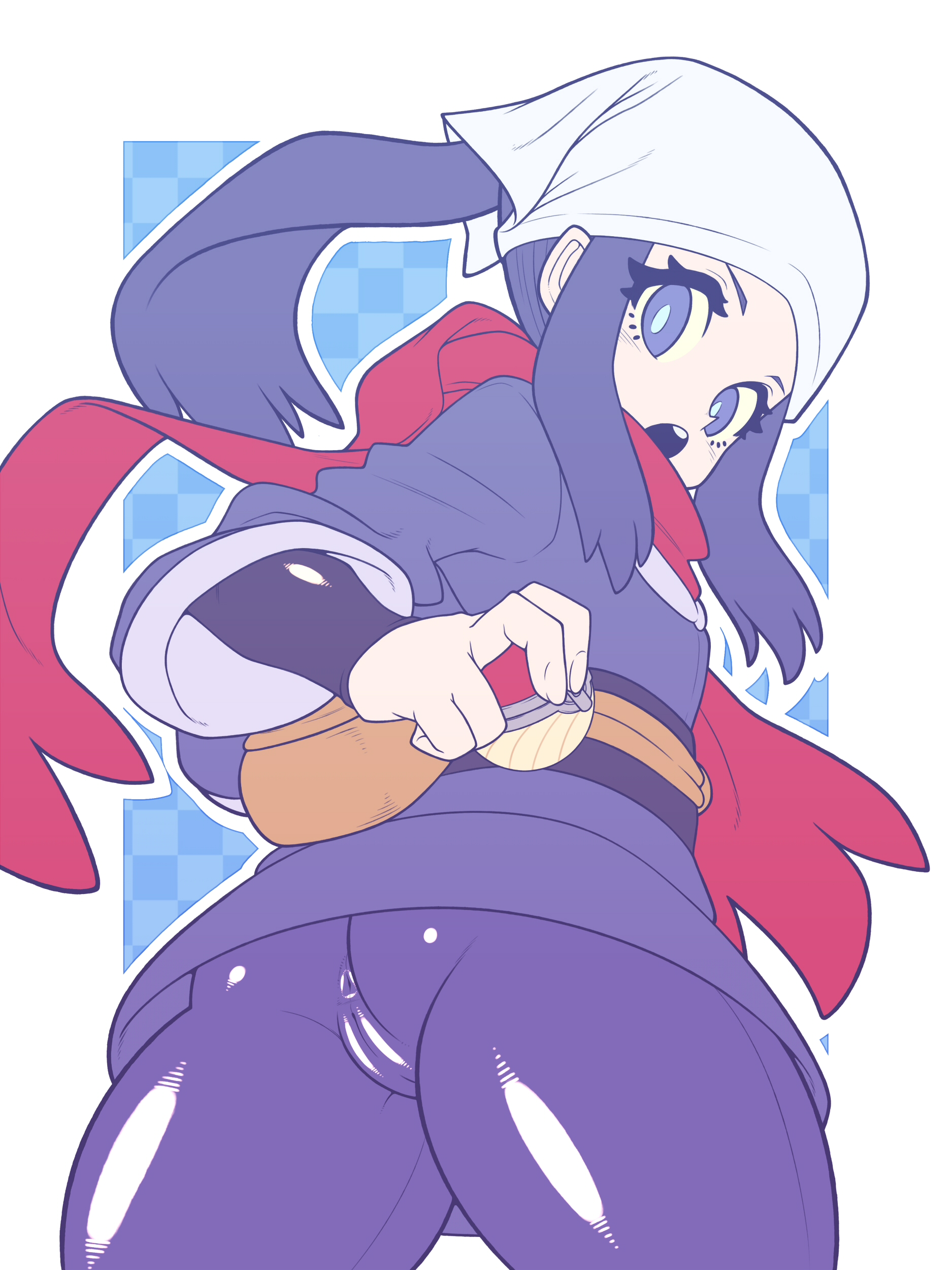 1girls, akari (pokemon), anus outline, anus peek, ass, blue eyes, blue hair, cameltoe, clitoris, eye contact, female, holding object, horny, kaikoinu, latex, latex anus, latex bodysuit, latex clitoris, latex leggings, latex pants, latex suit, latex vagina, long hair, looking at viewer, looking back, nintendo, pokemon, pokemon legends: arceus, pussy, scarf, shiny clothes, solo, standing, thick thighs, thighs, tight clothing