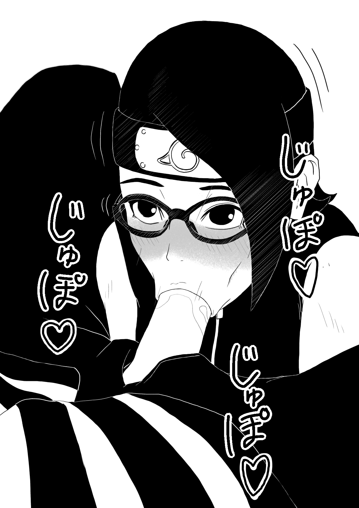 :>=, 1boy, 1girls, adult, age difference, between legs, blowjob face, blush, boruto: naruto next generations, cheek bulge, clothed, clothed sex, commentary, commentary request, drooling, duo, erection, eyewear, faceless male, female, female focus, forehead protector, glasses, headband, heart, jacket, japanese text, kanji, konohagakure symbol, long hair, maaji merge, male, male with female, male/female, monochrome, motion lines, naruto, naruto (series), nose blush, older male, onomatopoeia, open clothes, open mouth, open pants, oral, oral sex, out of frame, pants, parted bangs, penis, penis in mouth, penis out, saliva, saliva on penis, sarada uchiha, shoulder length hair, sleeveless, sleeveless shirt, sound effects, spread legs, teenager, translation request, uzumaki naruto, vacuum blowjob, vacuum fellatio, younger female
