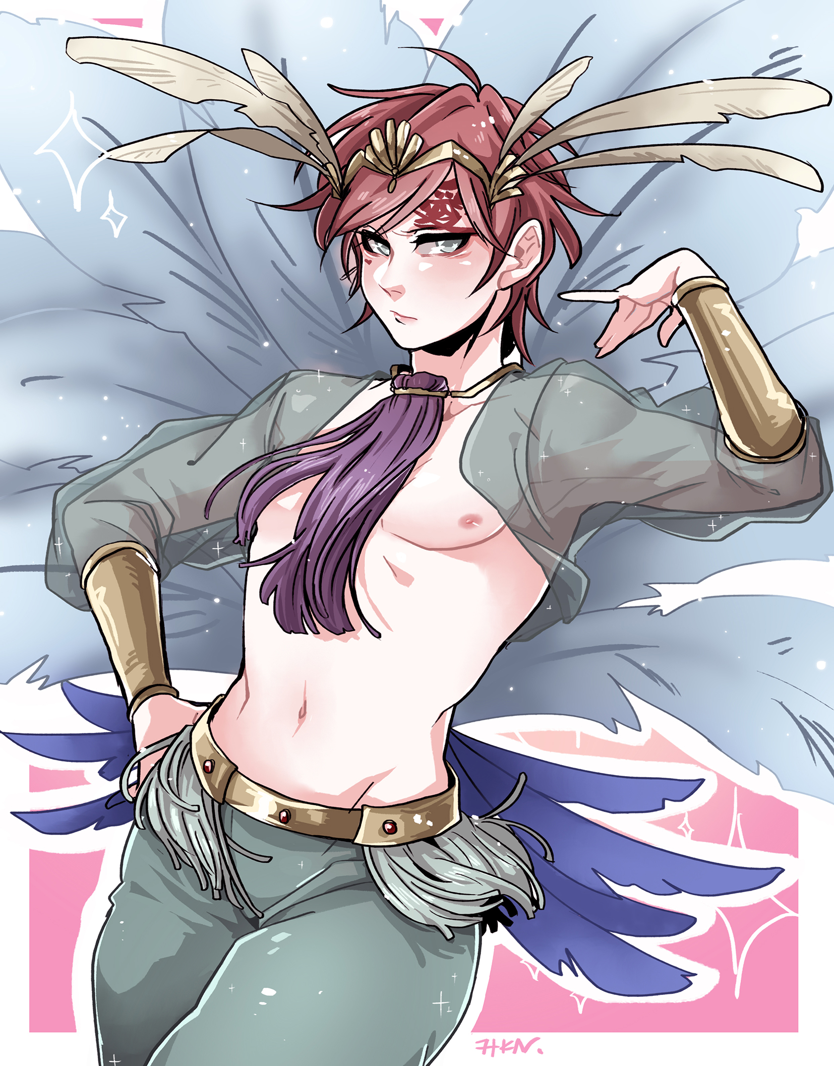 1boy, belly button, blue eyes, blush, clothed, clothing, crop top, crossdressing, cute, erect nipples, eyeliner, feathers, femboy, gaara, hand on hip, headwear, hikanon, jacket, light skin, light-skinned male, male, male only, medium hair, naruto, naruto (series), naruto shippuden, naruto: the last, nipples, pale skin, pale-skinned male, petite, pink nipples, pinup, pose, posing, red hair, revealing clothes, see-through, see-through clothing, shounen jump, sissy, smile, smiling, solo, solo focus, solo male, spiky hair, thick thighs, thighs, voluptuous, wide hips