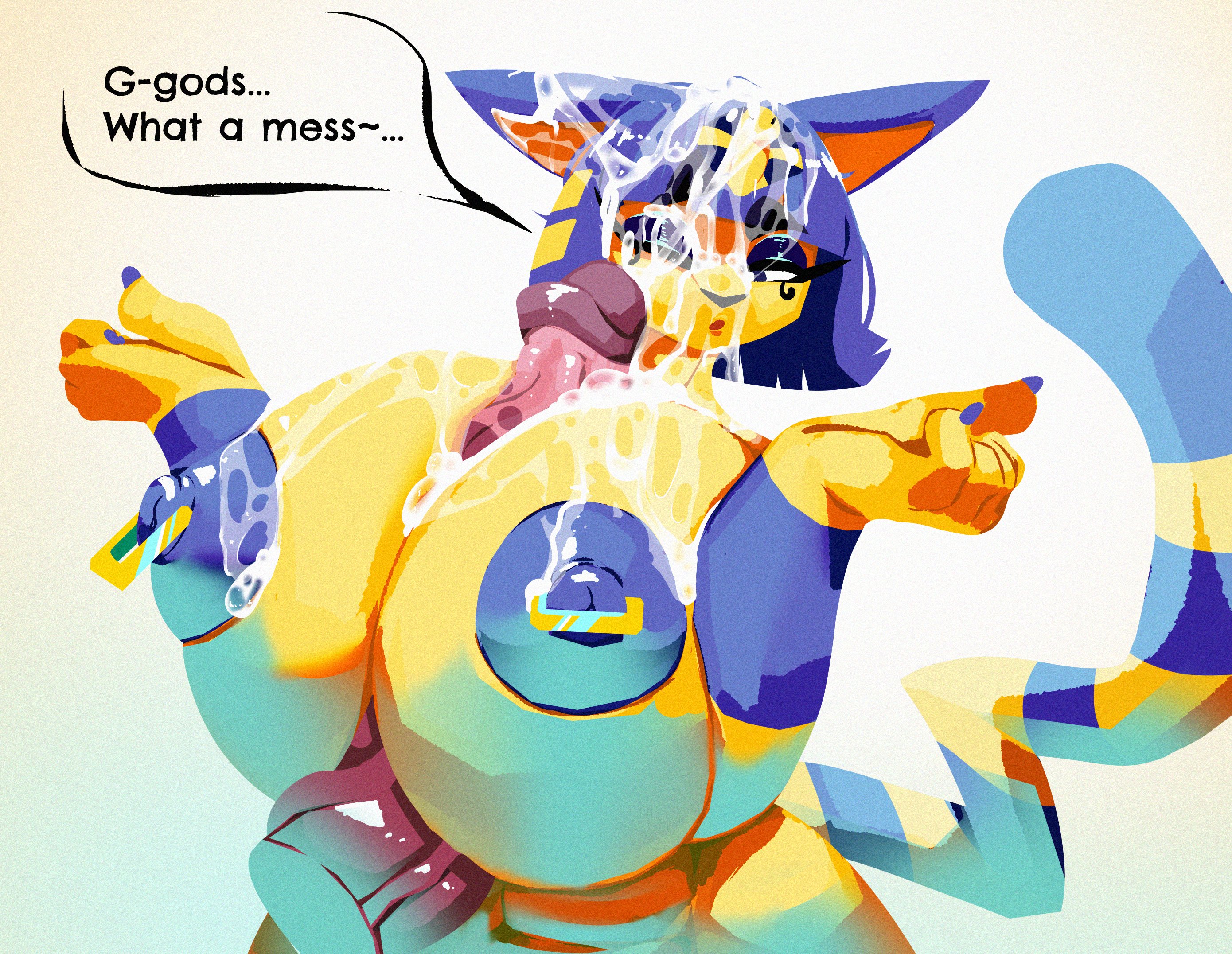 1girls, 2021, animal crossing, ankha, anthro, areola, areolae, big penis, blue nails, blue nipples, breasts, cum, cum on breasts, cum on face, cum on hair, disembodied penis, domestic cat, facial, female, furry, huge areolae, long tail, male, nintendo, nipples, paizuri, penis, ponpuramu, square nipple ring, tail, text, text box, white background