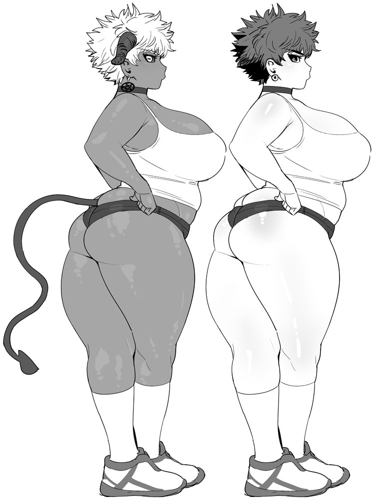 1girls ass ass_cleavage bbw big_breasts black_sclera booty_shorts breasts butt_crack choker chubby chubby_female curvy daisy_dukes dark-skinned_female dark_skin demon demon_girl demon_horns demon_tail denim denim_shorts earrings elf-san_wa_yaserarenai female female_focus female_only horns huge_ass huge_breasts human_form human_satero humanoid light_skin looking_at_viewer looking_back messy_hair micro_shorts monochrome plump pointy_ears pulling_up_pants satero satyr short_hair short_shorts shorts skindentation synecdoche tail tan_skin thick_ass thick_thighs thighs very_short_hair voluptuous white_hair wide_hips yellow_eyes