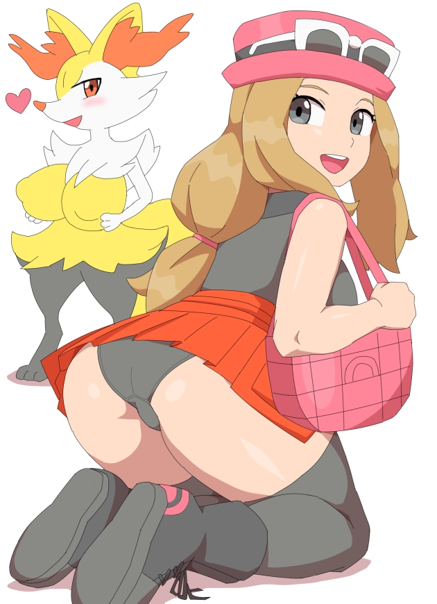 2girls, anthro, ass, bag, big breasts, boots, braixen, breasts, female, hat, huge breasts, kabeume, large breasts, looking back, nintendo, nipple bulge, panties, pokémon (species), pokemon, pokemon (species), pokemon xy, serena (pokemon games), serena (pokemon), shoes, skirt, sneakers, standing, sunglasses on head, thick thighs, thighhighs, thighs