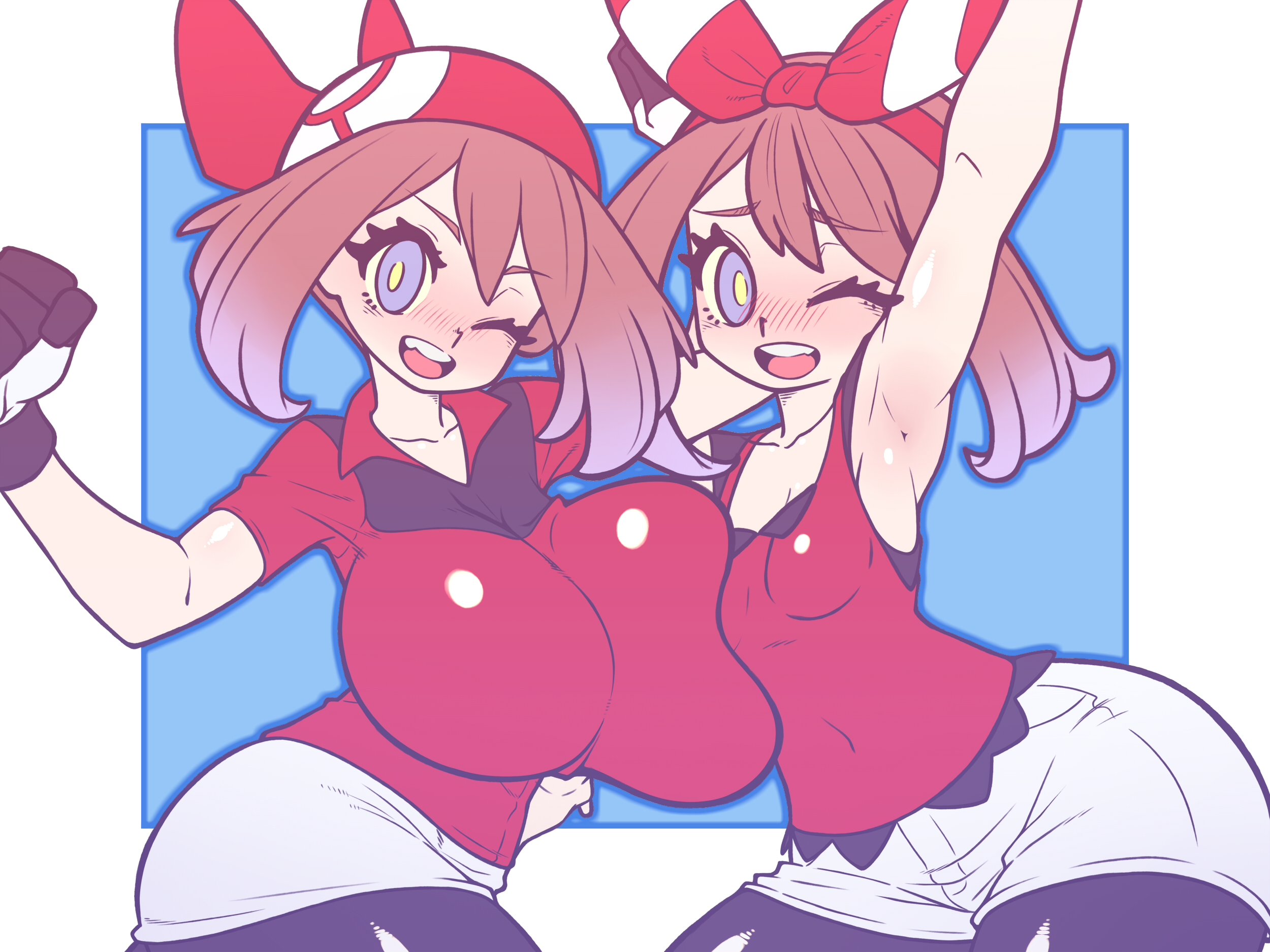 2020s, 2021, 2girls, alternate breast size, bandana, big breasts, bike shorts, blue eyes, blush, breast size difference, breasts, brown hair, eye contact, female, female only, horny, huge breasts, kaikoinu, large breasts, looking at viewer, may (pokemon oras), may (pokemon rs), may (pokemon), medium hair, nintendo, pokemon, pokemon oras, pokemon rse, shorts, small breasts, thick thighs, thighs