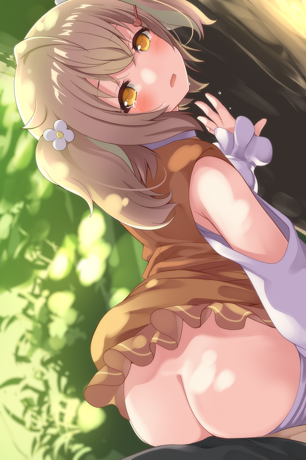 1boy animare ass bangs blush brown_hair clothed_sex detached_sleeves erection female flower hair_flower hair_ornament hairclip highres inaba_haneru_(animare) looking_at_viewer nanashi_inc. open_mouth outdoors pov sex sex_from_behind shirai_momota shirt skirt sleeveless sleeveless_shirt solo_focus straight tears twintails virtual_youtuber yellow_eyes