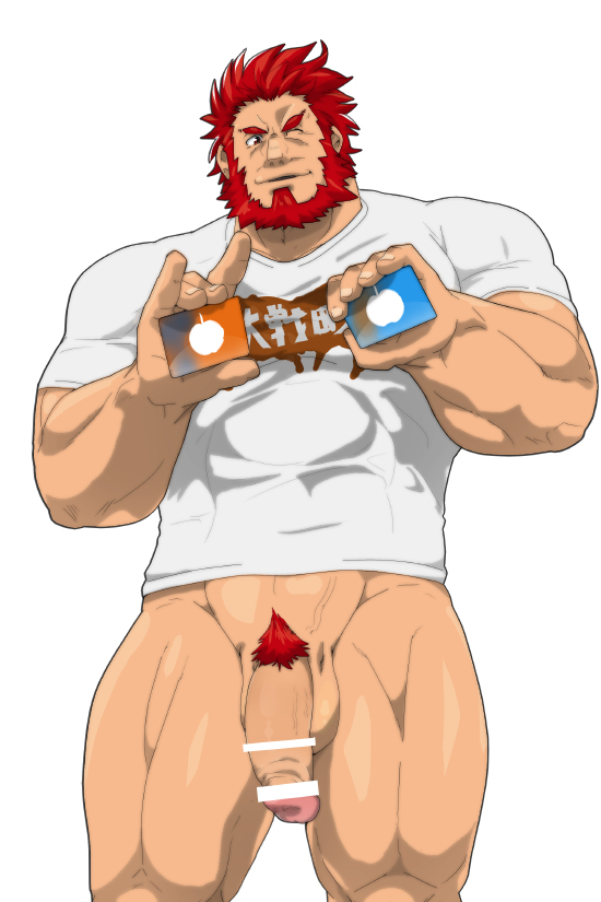 1boy bar_censor bara beard beberiri bottomless casual censored facial_hair fate/zero fate_(series) feet_out_of_frame flaccid iskandar_(fate) itunes male_focus male_only male_pubic_hair mature_male meme muscular_male naked_shirt one_eye_closed pectorals penis pubic_hair red_eyes red_hair shirt short_hair solo t-shirt thick_thighs thighs veins white_shirt