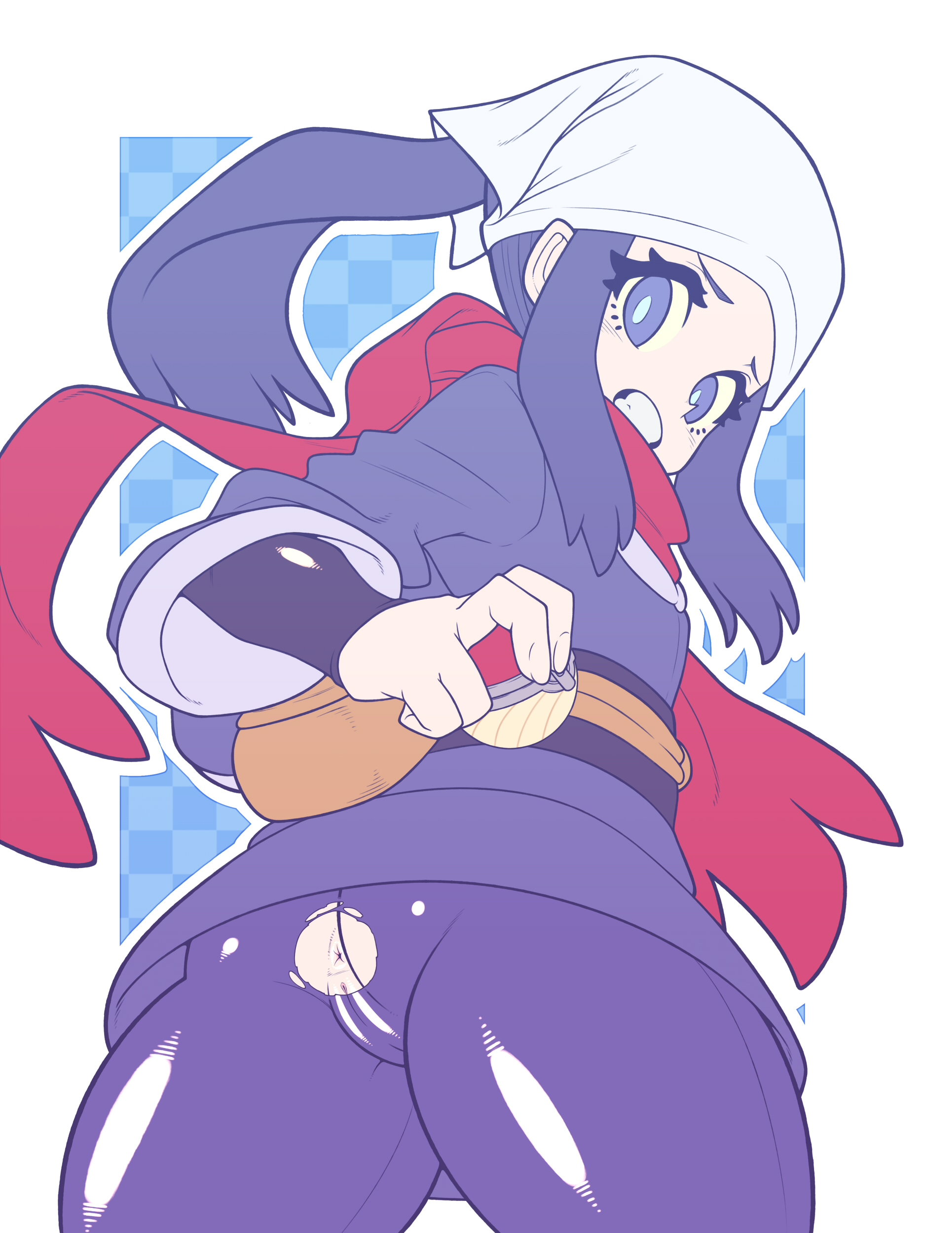 1girls, akari (pokemon), anus, ass, blue eyes, blue hair, eye contact, female, holding object, kaikoinu, long hair, looking at viewer, looking back, nintendo, pokemon, pokemon legends: arceus, pussy, ripped clothing, scarf, shiny clothes, solo, standing, thick thighs, thighs, tight clothing