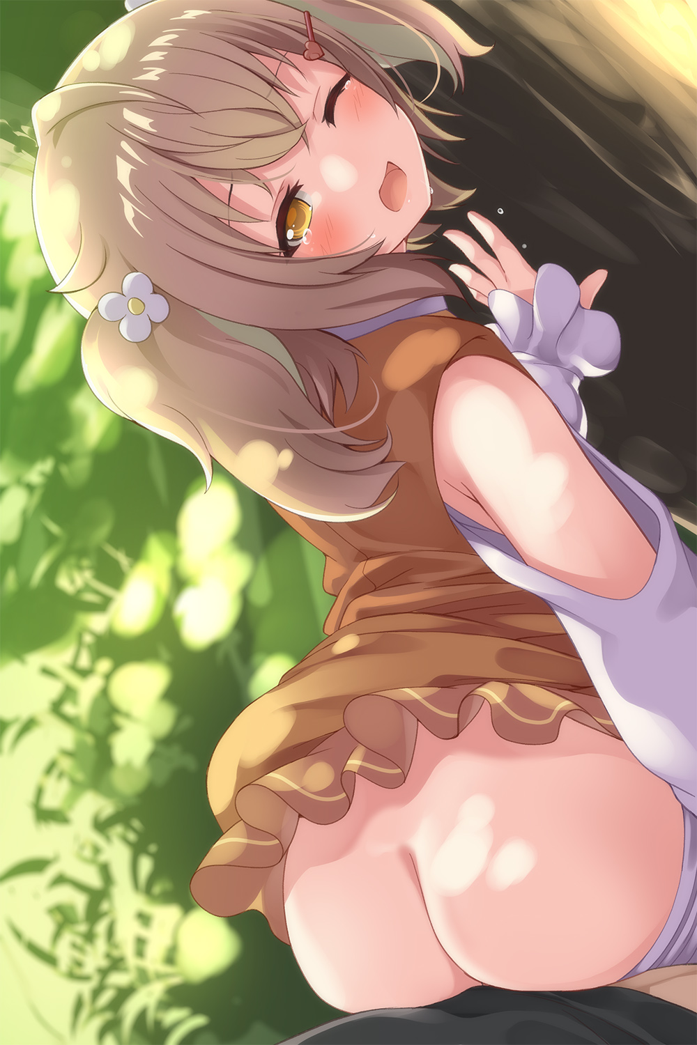 1boy animare ass bangs blush brown_hair clothed_sex detached_sleeves erection female flower hair_flower hair_ornament hairclip highres inaba_haneru_(animare) looking_at_viewer nanashi_inc. open_mouth outdoors pov sex shirai_momota shirt skirt sleeveless sleeveless_shirt solo_focus straight tears twintails virtual_youtuber wince yellow_eyes