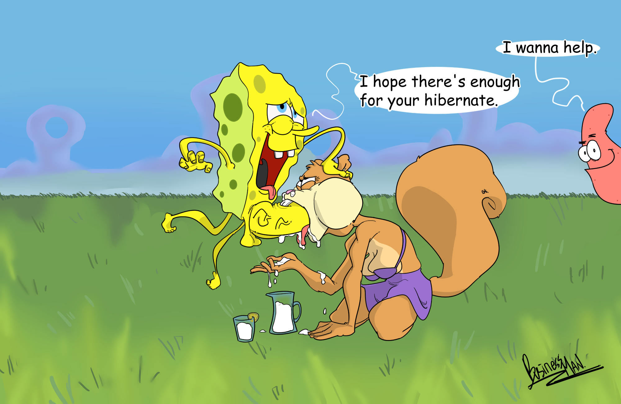 1girls, anthro, big penis, black eyes, blowjob, brown eyes, brown fur, businessman (artist), cum in glass, cum in mouth, cum in throat, cum out nose, deep blowjob, deepthroat, endured face, fellatio, female, furry, gag, gagging, genitals, male, oral, oral penetration, oral sex, patrick star, penis, penis in mouth, sandy cheeks, sea sponge, small but hung, smooth skin, speech bubble, spongebob squarepants, spongebob squarepants (character), squirrel, squirrel ears, squirrel tail, starfish, tail, throat bulge, throat penetration, tongue, tongue out, tongue out blowjob