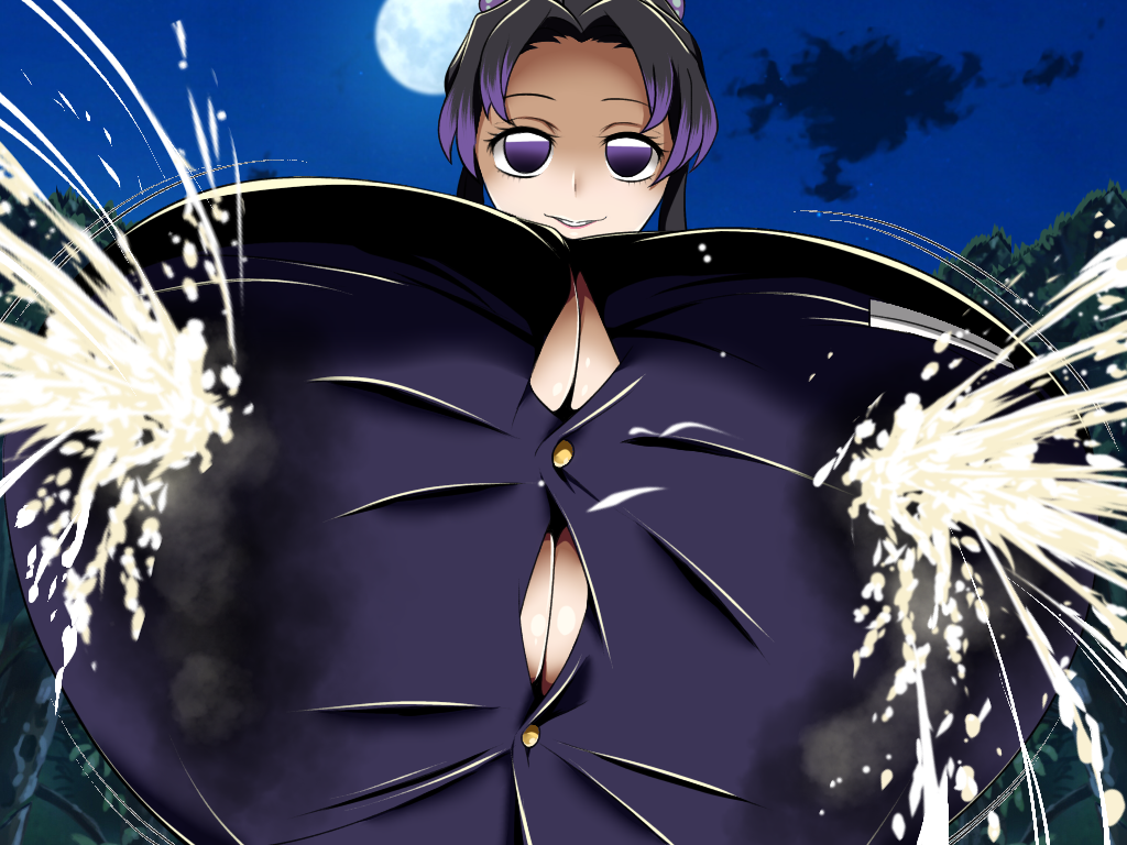 1girls, alternate breast size, big breasts, black hair, breasts, cleavage, demon slayer, enormous breasts, female, female only, huge breasts, hyper breasts, kimetsu no yaiba, kochou shinobu, lactation, lactation through clothes, low-angle view, massive breasts, milk, moon, night, norio (pheromosa times), outside, purple eyes, smile, solo, solo female, straining buttons, tight clothing, two-tone hair