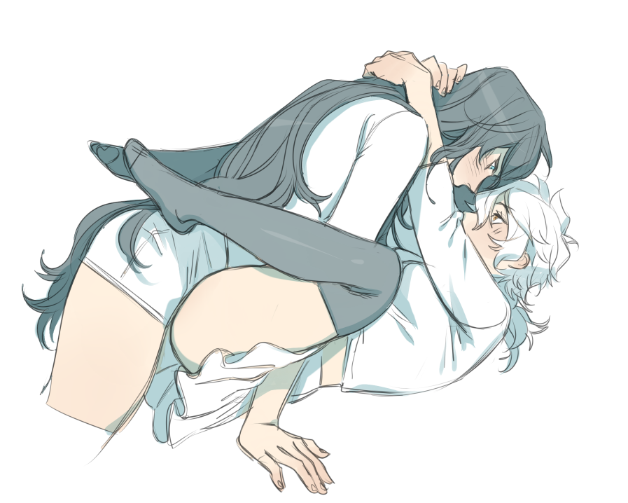 ambiguous_gender ass black_hair clothed duo female female/ambiguous long_hair natural_virtue sketch thighhighs white_background white_hair