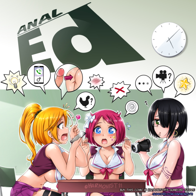 ... 3girls :o ? arm_tattoo arrow_(projectile) artist_name ass bangs bird black_hair blonde_hair blue_eyes blush breasts camera chair chicken clock commentary english_commentary english_text hair_ribbon hands_up harmonist11 holding holding_camera large_breasts light_bulb lollipop long_hair multiple_girls original outline penis phone ponytail profile red_hair reward_available short_hair sitting skirt skirts speech_bubble spoken_blush spoken_ellipsis star_(symbol) table tattoo tattooed_arm text thighhighs watermark web_address white_outline white_ribbon