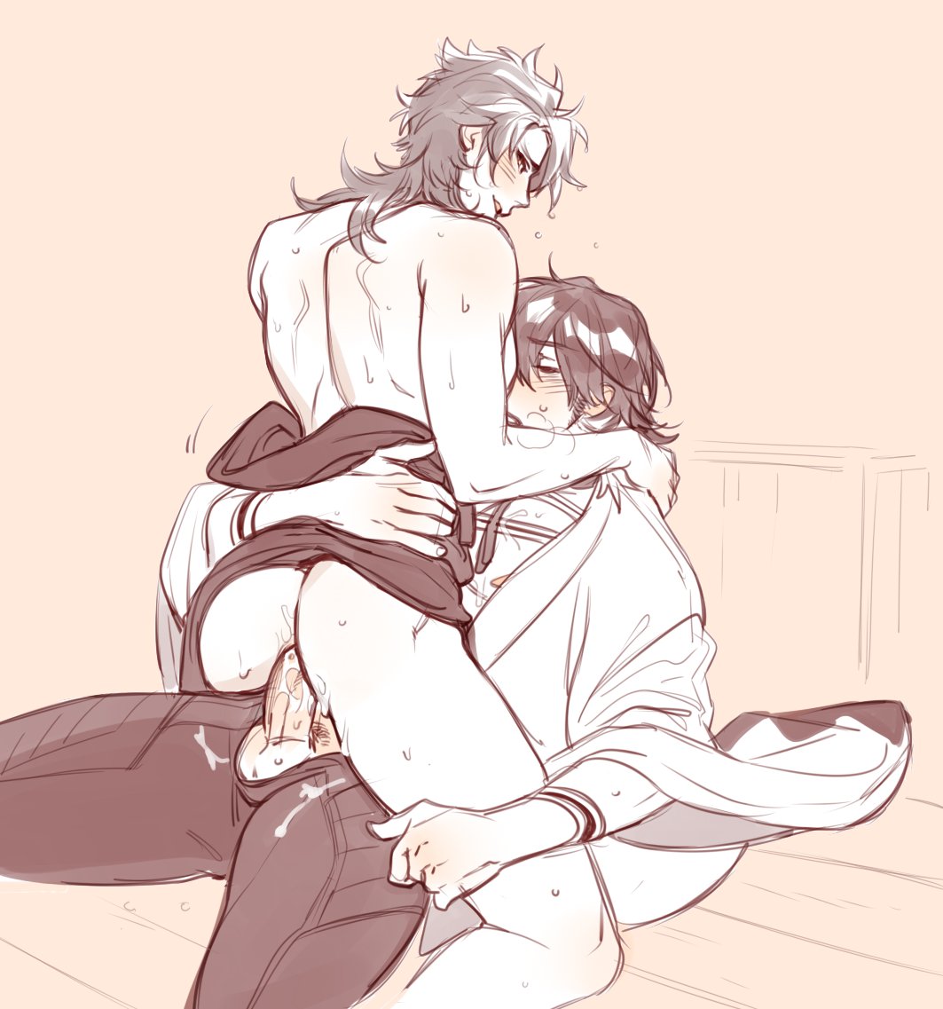 2boys, anal, anal penetration, anal sex, ass, clothed, clothed sex, clothing, erect penis, erection, male, muscular, mutsunokami yoshiyuki, nagasone kotetsu, natural virtue, penis, penis out, sex, sketch, sweat, touken ranbu, yaoi