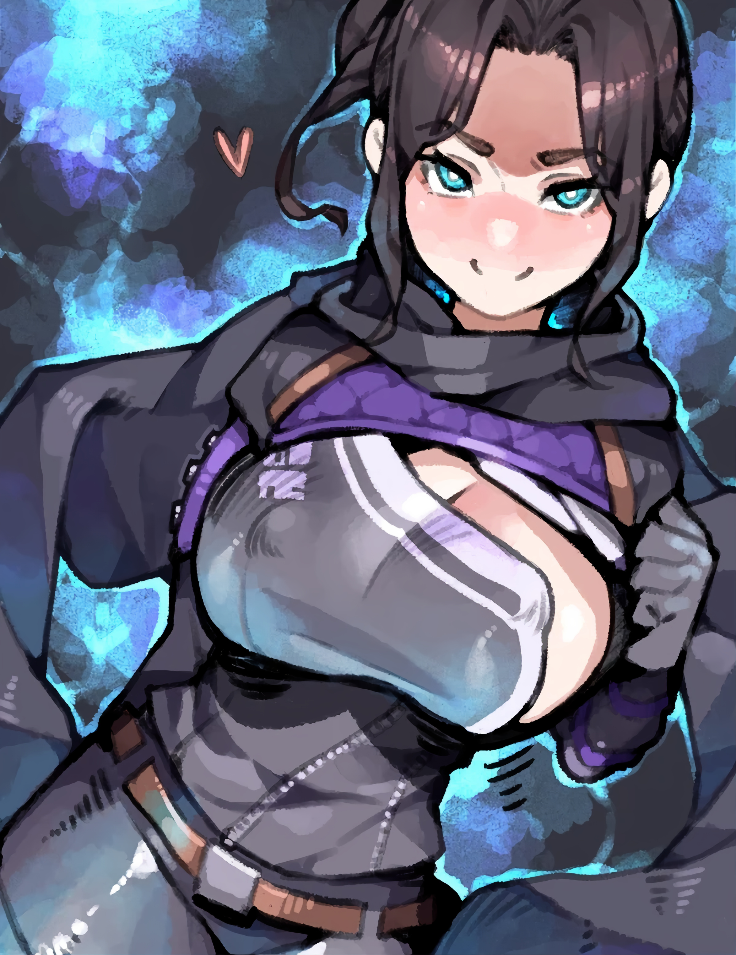 1girls, 2d, apex legends, author: たわわ製麺所, big breasts, breast squish, breasts, breasts out, female, female only, growth, heart, hips, horny, human, human only, humanoid, large breasts, looking at viewer, makingtawawa, smug, smug face, smug grin, smug smile, solo, solo female, stretched clothing, thick, thick thighs, thighhighs, thighs, wide hips, wraith (apex legends)