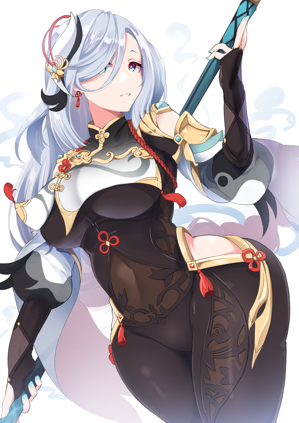 1girls, abs, absurd res, belly button, big breasts, black legwear, blue eyes, bodysuit, breasts, clothed, clothing, detailed background, female, genshin impact, hair ornament, hair over one eye, hi res, highres, hips, huge breasts, kannmuri0227, large breasts, looking at viewer, midriff, purple eyes, see-through, see-through clothing, shenhe (genshin impact), small waist, solo, thick thighs, thighs, underboob, waist, weapon, white background, white hair, wide hips