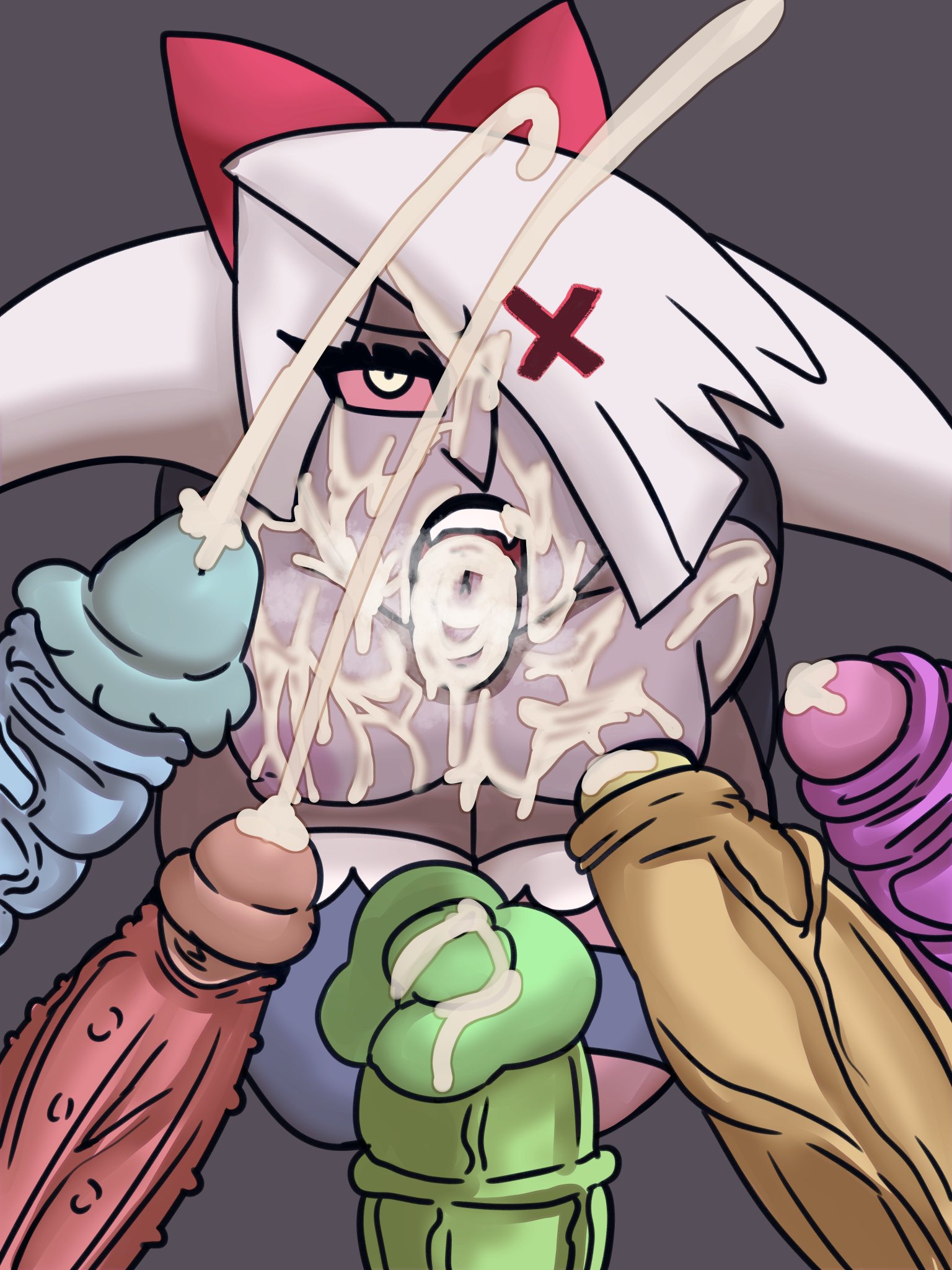 1girls, 4boys, breasts, cum in mouth, cum on breasts, cum on face, cumming, female, hazbin hotel, hellaverse, male, monster cock, multiple boys, multiple penises, penis, smooth skin, tagme, vaggie (hazbin hotel)