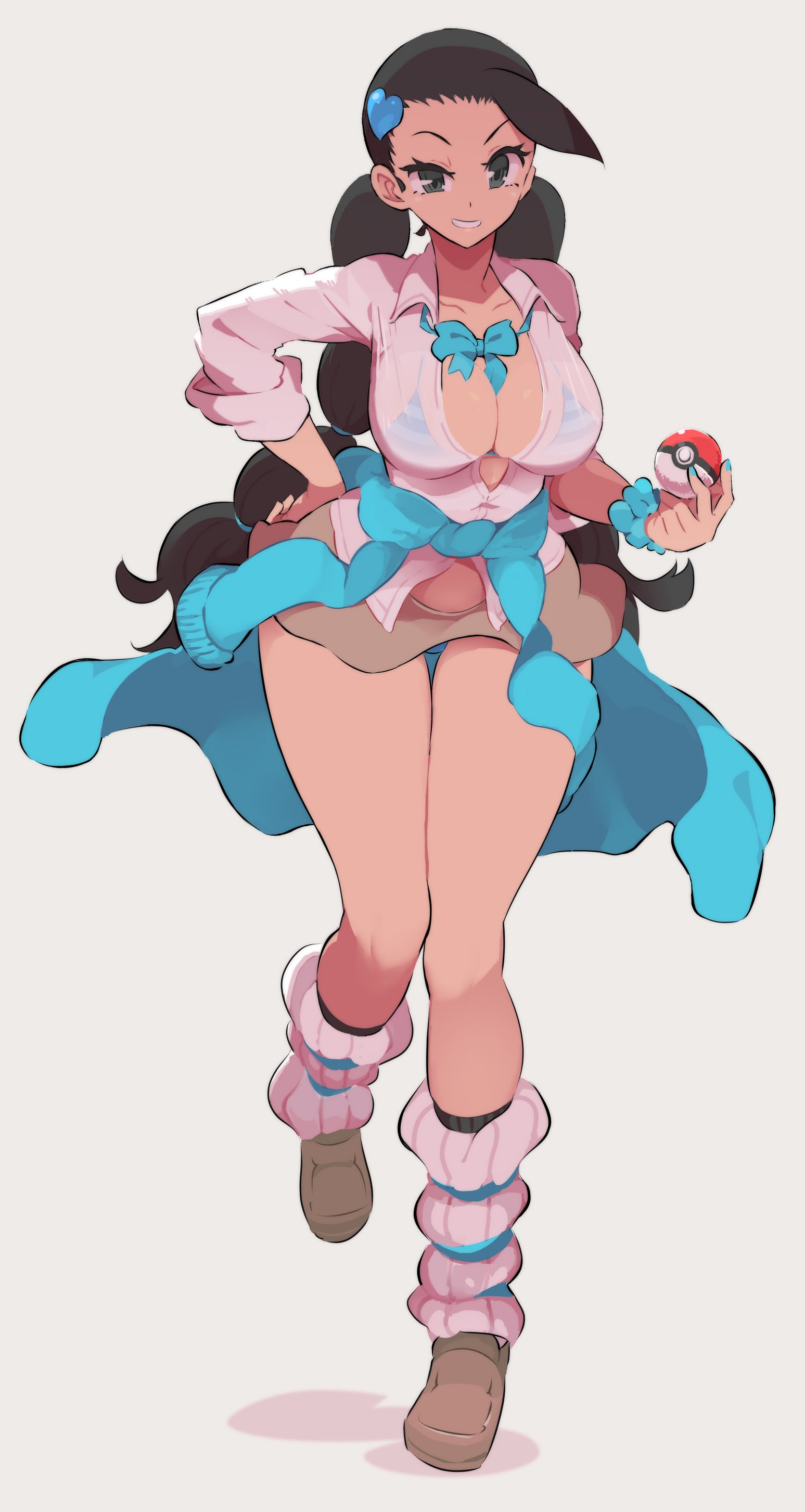 1girls, 2021, bare legs, big cleavage, bikini top, black hair, black-haired female, blue nails, bowtie, candice (pokemon), cleavage, female, female only, gym leader, hand on hip, hips, holding object, huge breasts, long hair, long legs, looking at viewer, nac000, nail polish, nintendo, open clothes, pokeball, pokemon, pokemon dppt, see-through, see-through clothing, shirt, short skirt, simple background, skirt, slim waist, smile, socks, striped bikini, swimsuit, swimsuit under clothes, thick thighs, thighs, twintails, white background, wide hips