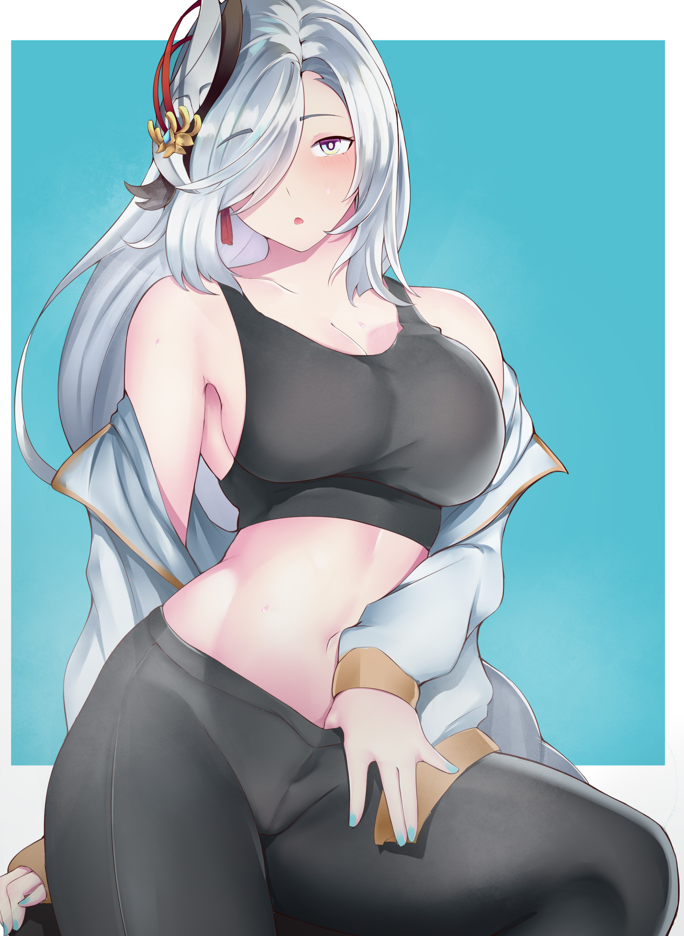 1girls, abs, absurd res, belly button, big breasts, black legwear, blush, breasts, cleavage, female, genshin impact, hair ornament, hair over one eye, hi res, highres, hips, huge breasts, large breasts, leggings, midriff, shenhe (genshin impact), simple background, solo, sports bra, sportswear, sweat, sweatdrop, tagme, thick thighs, thighs, tight clothing, waist, white eyes, white hair, whitewaffle, wide hips