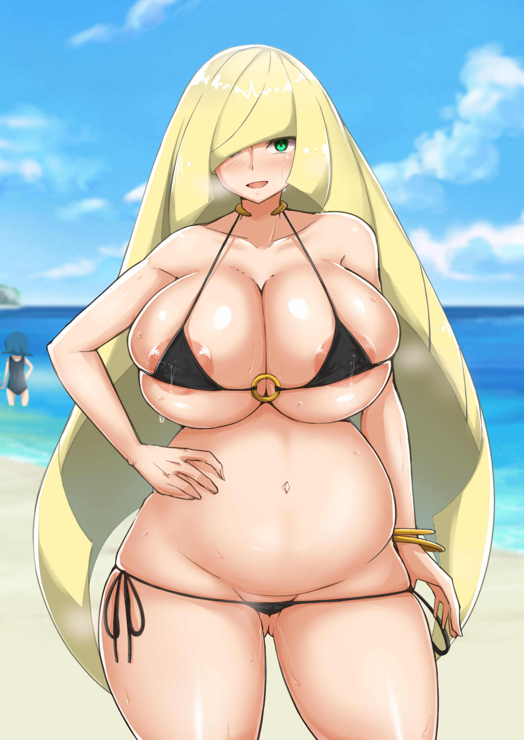 1girls, 2girls, alternate breast size, areolae, beach, big breasts, bikini, blonde hair, breasts, eye contact, female, front view, green eyes, hand on hip, hand on own hip, high resolution, huge breasts, lana (pokemon), large breasts, long hair, looking at viewer, lusamine (pokemon), mature female, micro bikini, milf, mother, nintendo, pokemon, pokemon sm, pregnant, smile, standing, thick thighs, thighs, thong, voluptuous, water, wide hips, yamaori