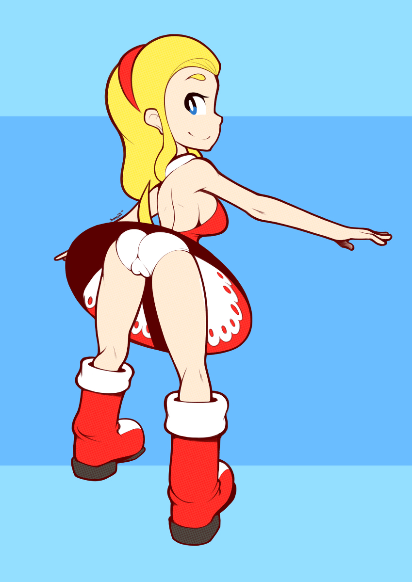 alternate_breast_size alternate_costume amy_rose_(cosplay) blonde_hair cameltoe dress from_behind happy headband maria_robotnik panties red_boots red_dress red_headband sega sideboob smile sonic_(series) sonic_the_hedgehog_(series) supersegasonicss tail white_panties yellow_tail