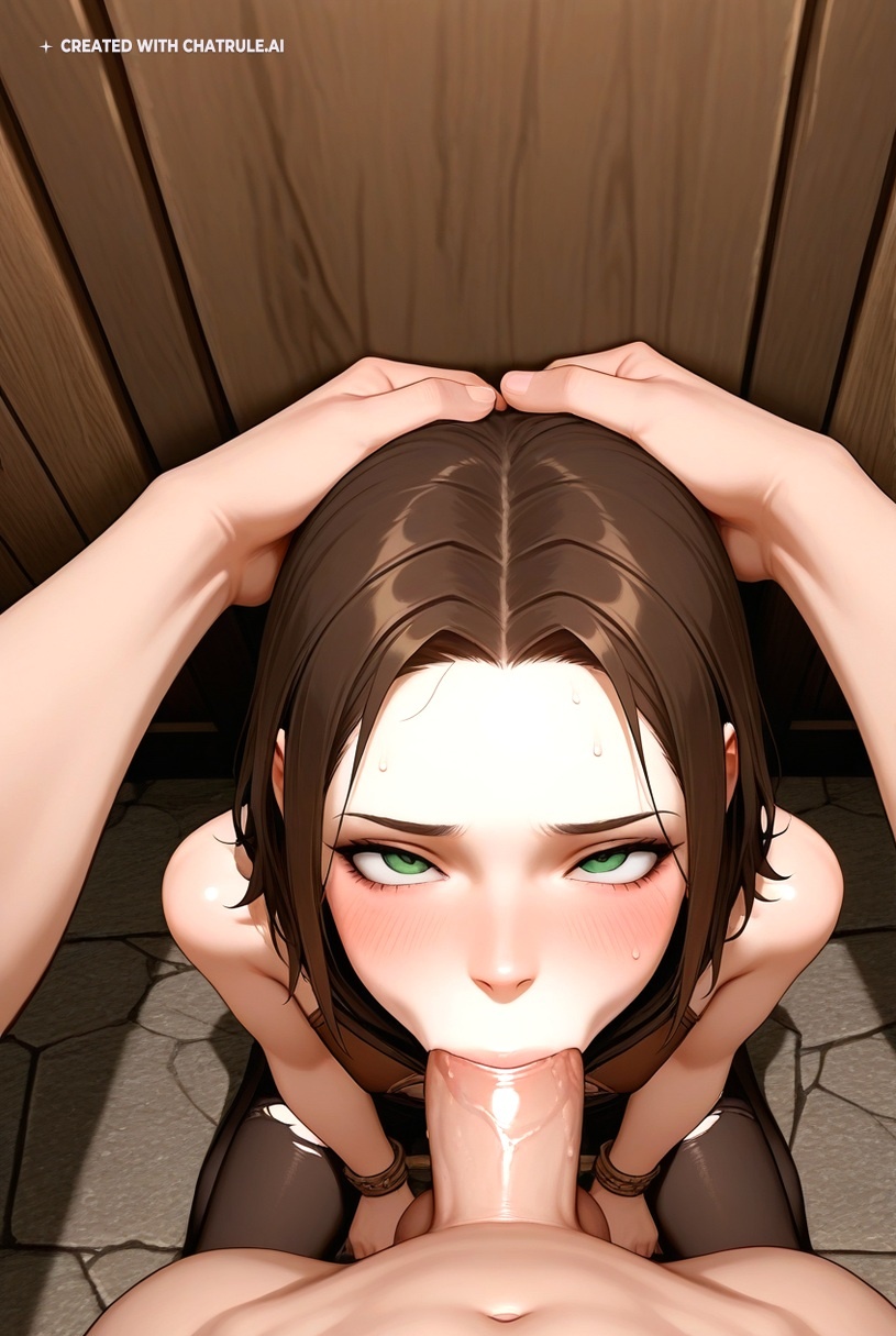 1girl ai_assisted ai_generated back_against_wall balls_deep brown_hair deep deepthroat dominated face_fuck facing_viewer green_eyes hands_tied_above_head high_quality highres medium_hair petite_body pov ripped_clothes sitting_on_knees skinny skyrim small_breasts small_tits tiny_tits young