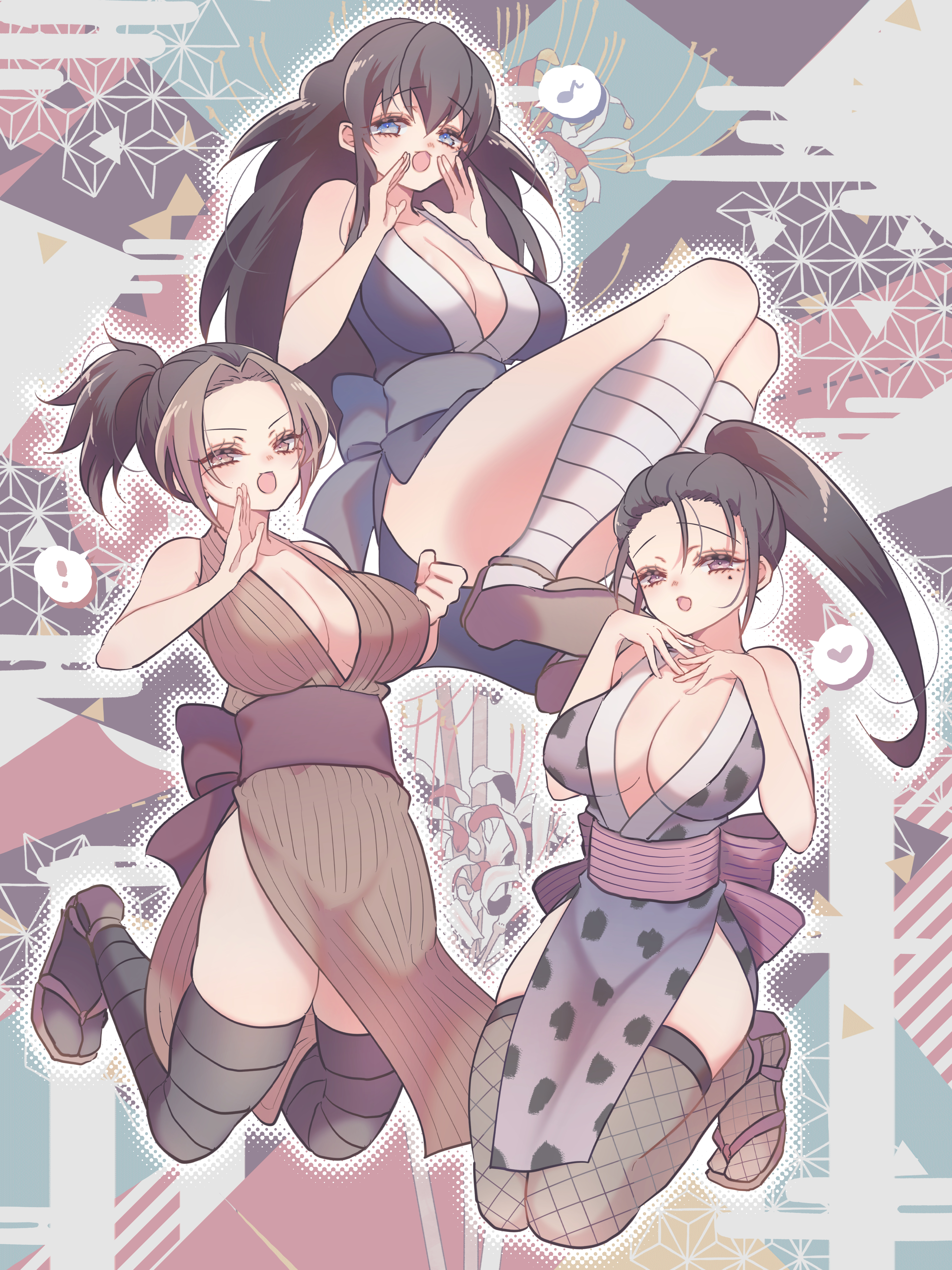 3girls, big breasts, black hair, black legwear, black thighhighs, black-haired female, blonde hair, blonde-haired female, breasts, cleavage, demon slayer, female, female only, fishnet thighhighs, fishnets, full body, hinatsuru (kimetsu no yaiba), japanese clothes, kimetsu no yaiba, kunoichi, long hair, makio (kimetsu no yaiba), miyoshino, mole under eye, no bra, obi, pelvic curtain, ponytail, side slit, sleeveless, suma (kimetsu no yaiba), the wives (kimetsu no yaiba), thick thighs, thighhighs, two-tone hair, zettai ryouiki
