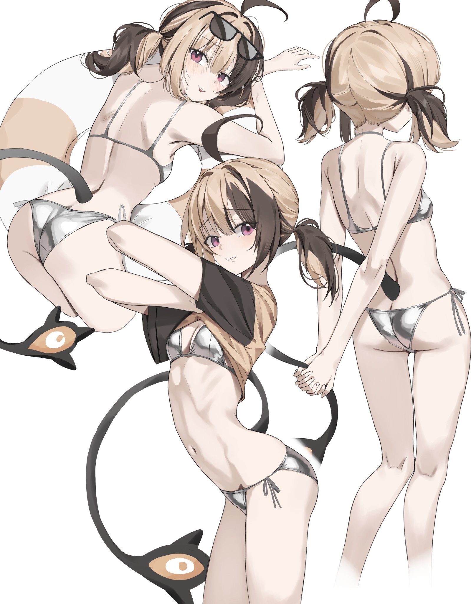 1girls, ass, back, bikini, butt, female, gigi murin, hololive, hololive english, hololive english -justice-, looking at viewer, savior4429, scarlet (wv0102), short hair, silver bikini, solo, swimsuit, twintails, virtual youtuber, vtuber