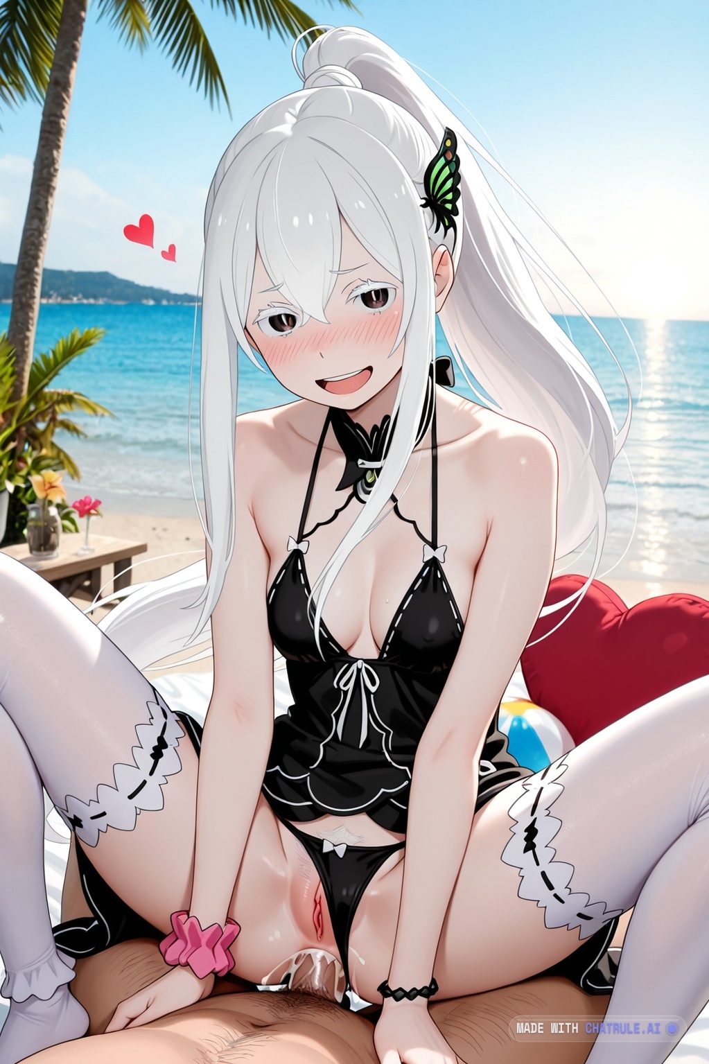 1boy1girl 1girl afterglow ai_assisted ai_generated anal_sex beach beachball black_bikini blurry_background bracelet brown_eyes day exhausted floating_hair glistening hair_flower hairy_pussy halterneck happy heart high_ponytail horizon in_bed leaking_cum legs_spread looking_at_viewer medium_breasts messy_hair missionary_sex neon_lighting nose_blush open_mouth palm_tree penetration photo_background pillows pink_scrunchie seashell showing_feet slit_pupils small_breasts standing thigh_high_socks topless water white_eyelashes white_hair wrist_scrunchie