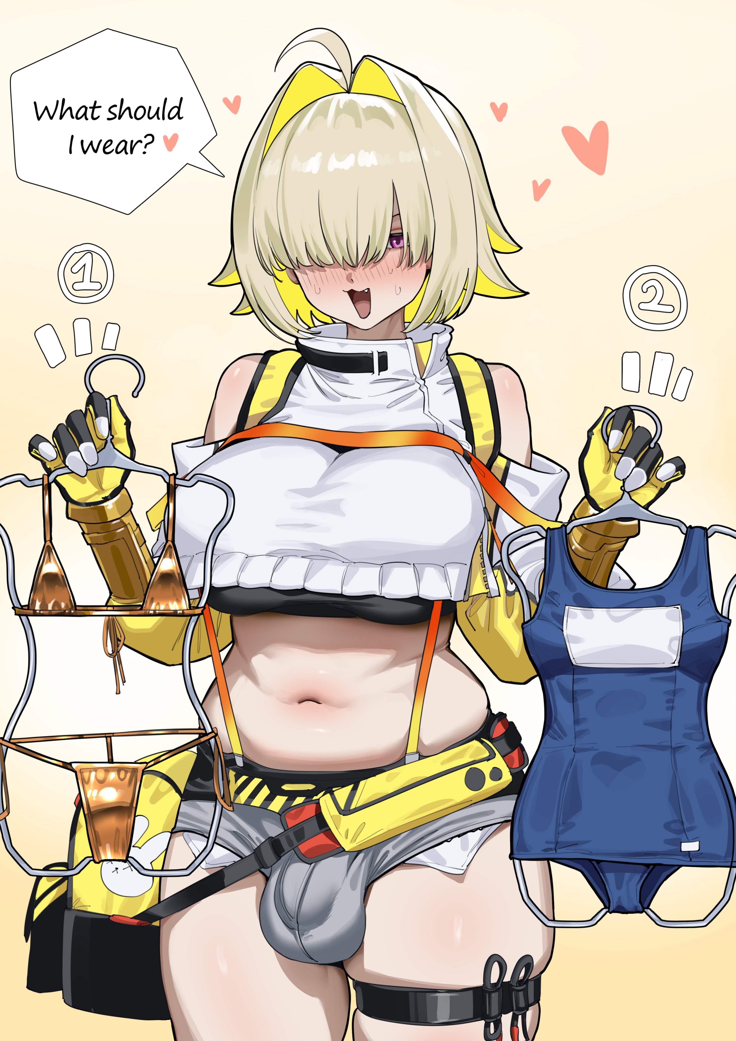 1futa, bangs, bangs over eyes, blonde hair, bulge, bulge through clothing, chubby, chubby belly, elegg (nikke), futanari, goddess of victory: nikke, solo, solo futa, swimsuit, talking to viewer, wujack