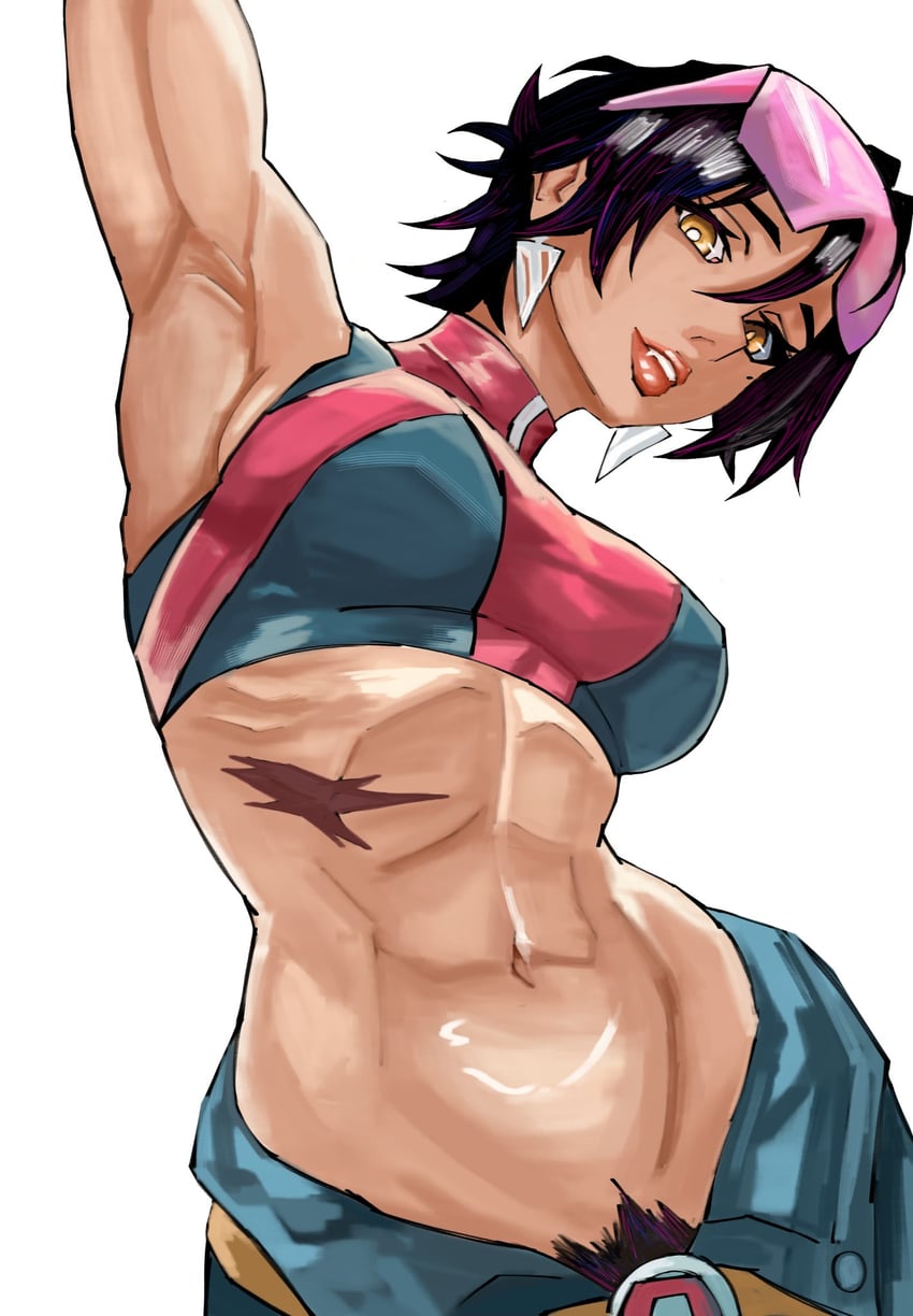 2d, abdomen, abs, arm up, armpits, arms up, asian female, athletic, athletic female, black hair, blue clothing, breasts, clothed, clothing, clothing malfunction, costume, curvy body, curvy female, curvy figure, curvy hips, earrings, eyewear on head, fangs, female, female clothed, female focus, female only, female pubic hair, fully clothed, gloves, hairy pussy, jewelry, jubilee, jubilee (marvel rivals), light skin, light-skinned female, lips, lipstick, looking at viewer, marvel, marvel comics, marvel rivals, monster girl, muscular abs, mutant (marvel), navel, one arm up, opaque glasses, pink clothing, pink-tinted eyewear, pubic hair, pubic hair peek, red lipstick, scar, scar on abdomen, scar on stomach, shirt, short hair, simple background, smile, solo, sunglasses, superheroine, superheroine costume, tinted eyewear, tomboy, two-tone clothing, uniform, vampire, vampire fangs, vampire girl, white background, white earrings, wide hips, x-men, yellow eyes