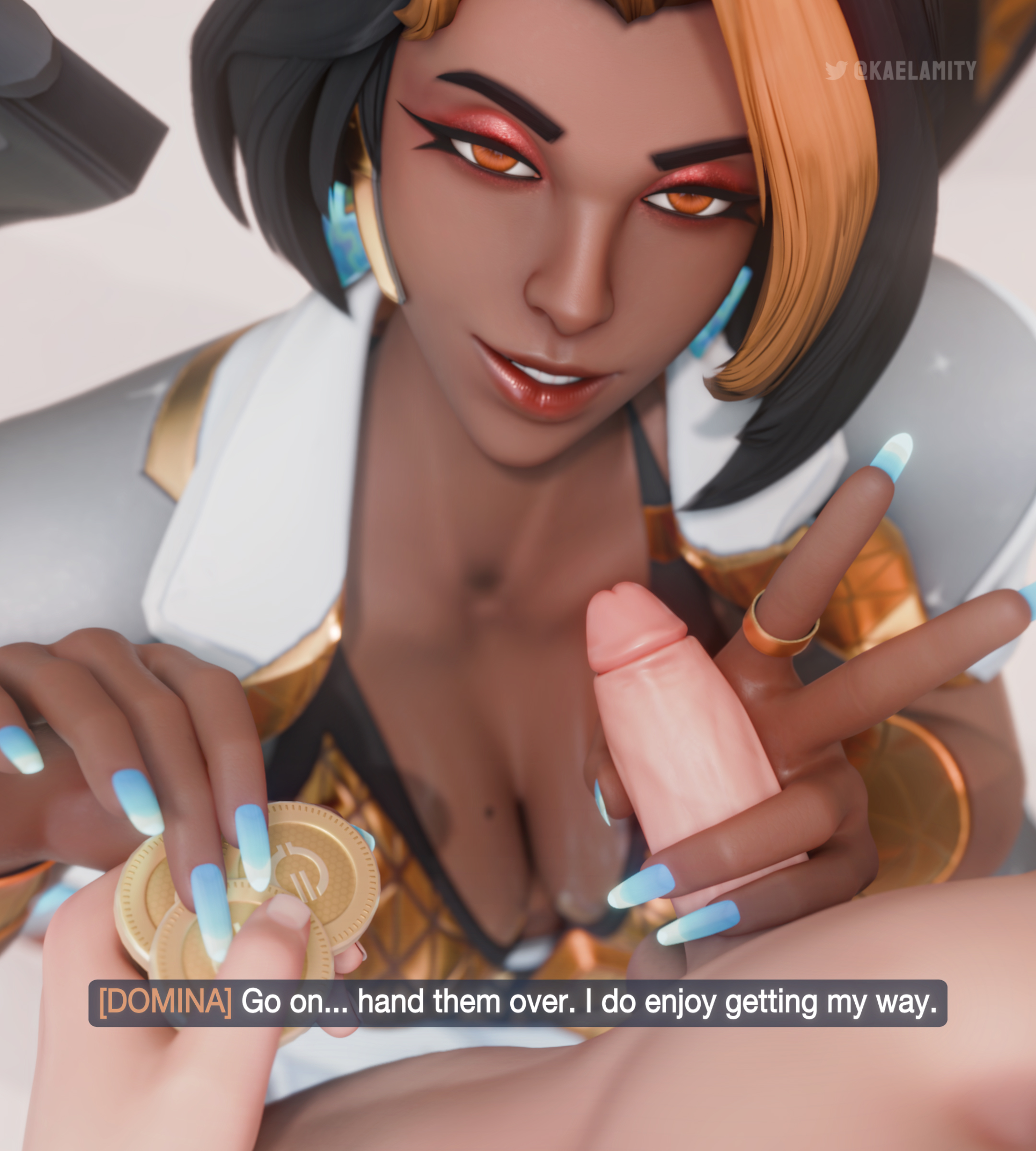 3d, 3d (artwork), 3d model, 3d render, big breasts, busty, domina, femdom, femdom caption, findom, findomme, interracial, kaelamity, large breasts, money, overwatch, overwatch 2, small penis, small penis adoration, sph, sunpuppy, teasing, three-finger handjob