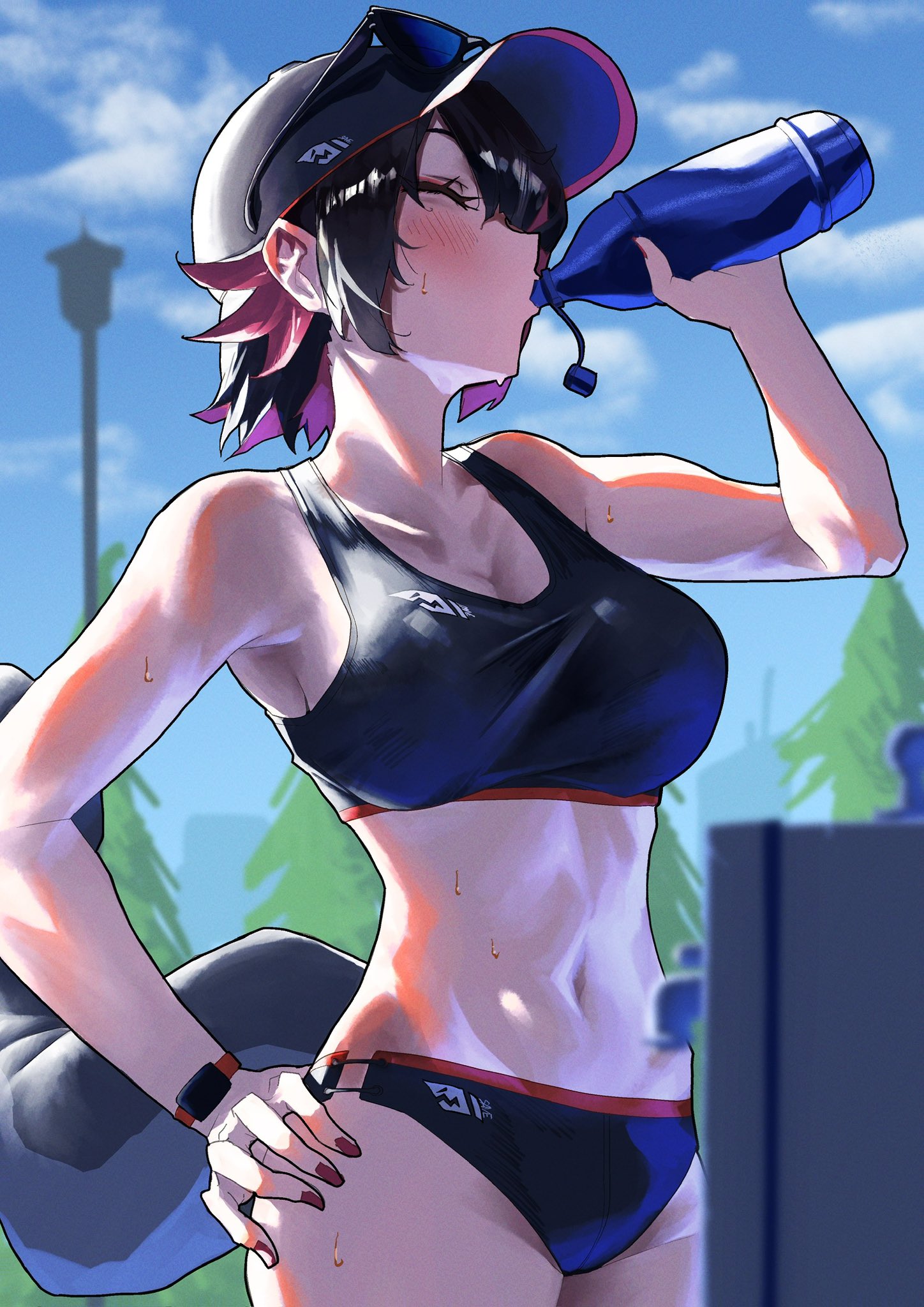 black hair, blush, breasts, cleavage, curvaceous, curvy, curvy figure, drink, drinking, ellen joe, female, female focus, female only, hat, nail polish, shark, shark girl, shark tail, slim waist, sportswear, stomach, sunglasses, sunglasses on head, sweat, sweatdrop, sweating, sweaty, tail, voluptuous, voluptuous female, watch, zenless zone zero