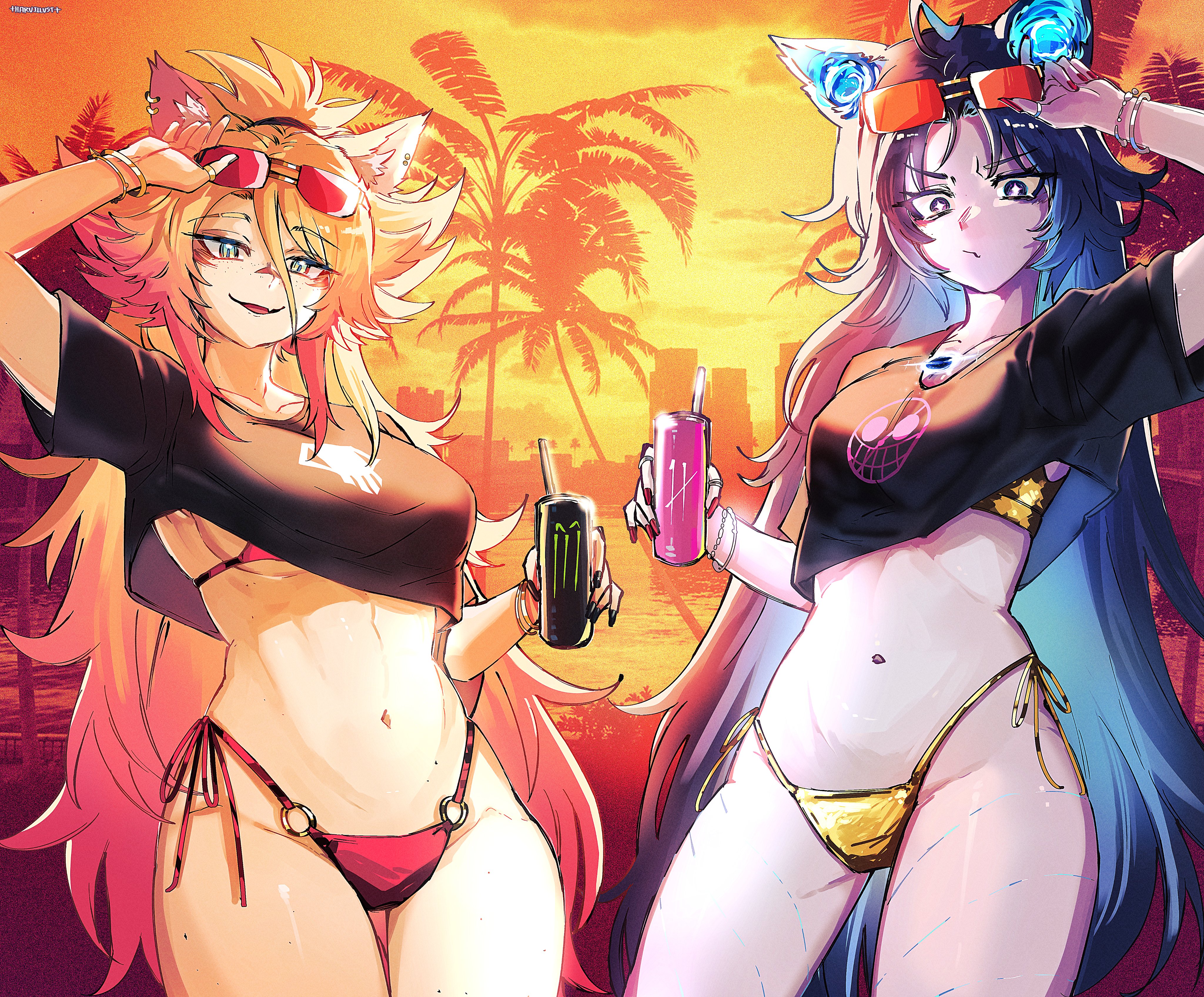 2girls, absurdres, ahoge, animal ears, bandaid, bandaid on face, bandaid on nose, bikini, black hole, black shirt, blonde hair, blue eyes, blue hair, bracelet, breasts, can, cat ears, cat girl, closed mouth, colored inner hair, colored skin, commentary, cosplay, cropped shirt, curvy, english commentary, eyewear on head, female, freckles, fufu (vtuber), gold bikini, grey skin, gta vi cover girl, harukami 2277, highleg, highleg bikini, highres, holding, holding can, indie virtual youtuber, jewelry, large breasts, legs, long hair, looking at viewer, multicolored hair, multiple girls, navel, obkatiekat, open mouth, palm tree, pink hair, ponytail, red bikini, red-tinted eyewear, shirt, smile, star (symbol), star-shaped pupils, sunglasses, sunset, swimsuit, symbol-shaped pupils, thighs, tinted eyewear, tree, very long hair, virtual youtuber, vtuber, wide hips