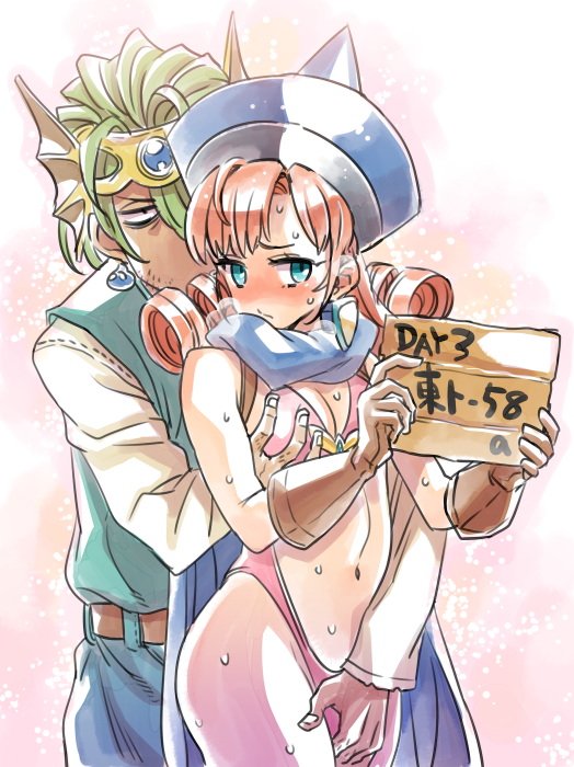 1boy 1girls alena_(dq4) blue_eyes blush breast_grab breasts cape cleavage clothing commentary_request curly_hair dragon_quest dragon_quest_iv earrings female fingering gloves grabbing grabbing_from_behind green_hair groping hat hero_(dq4) holding holding_sign jewelry leotard long_hair medium_breasts mimonel pink_leotard_(dq) reach-around red_hair sign straight sweat