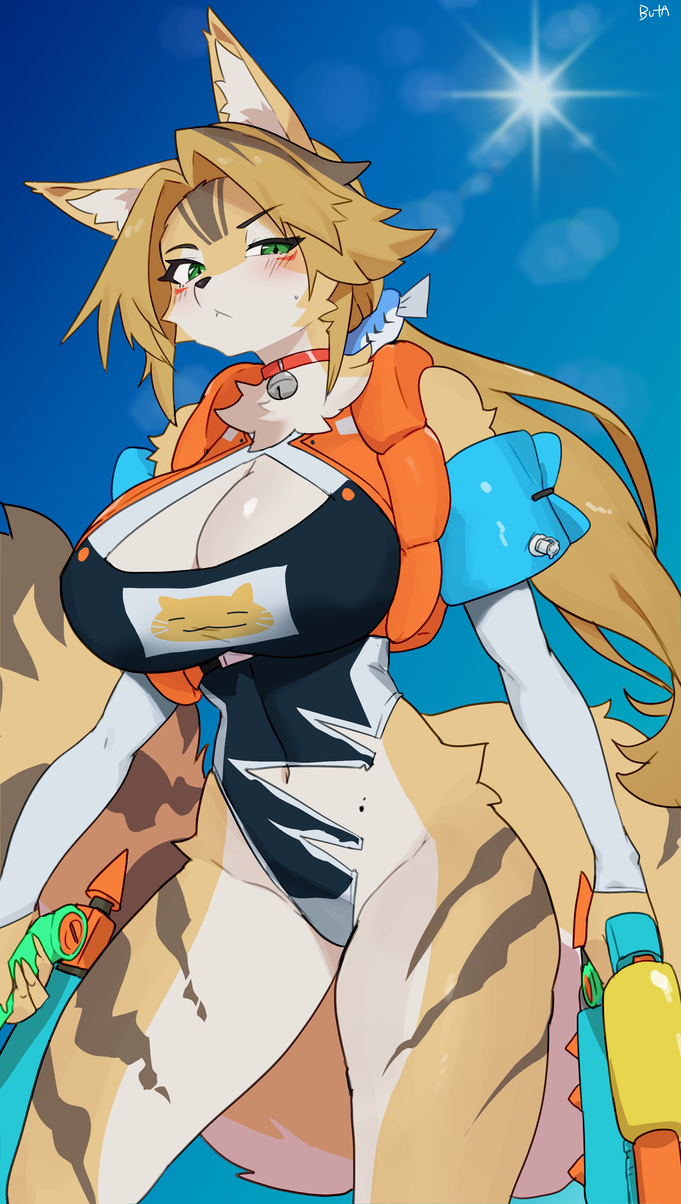 1girls, absurd res, anthro, anthro only, ass, beach, big ass, big breasts, big thighs, blush, breasts, buta99, cat ears, cat girl, cat tail, catgirl, feline, female, female only, fur, furry, huge ass, huge breasts, huge thighs, looking at viewer, outdoors, outside, pulchra fellini, solo, summer, sun, swimsuit, swimwear, thick thighs, thighs, water, watergun, zenless zone zero