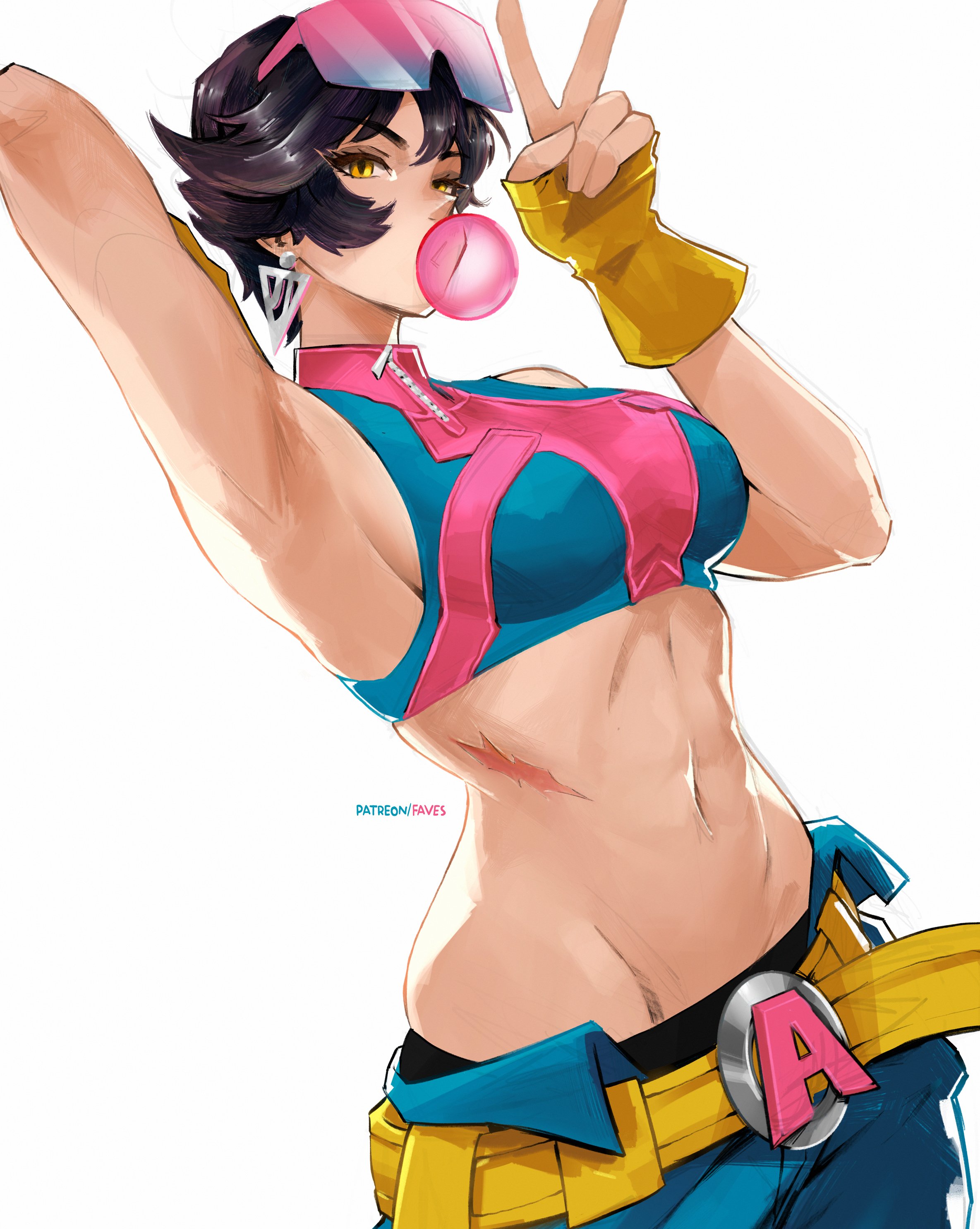 1girls, 2d, abs, armpits, bubble gum, clothed, female, female only, fully clothed, jubilation lee, jubilee, jubilee (marvel rivals), looking at viewer, marvel, marvel rivals, midriff, missfaves, navel, selfie, sideboob, solo, v