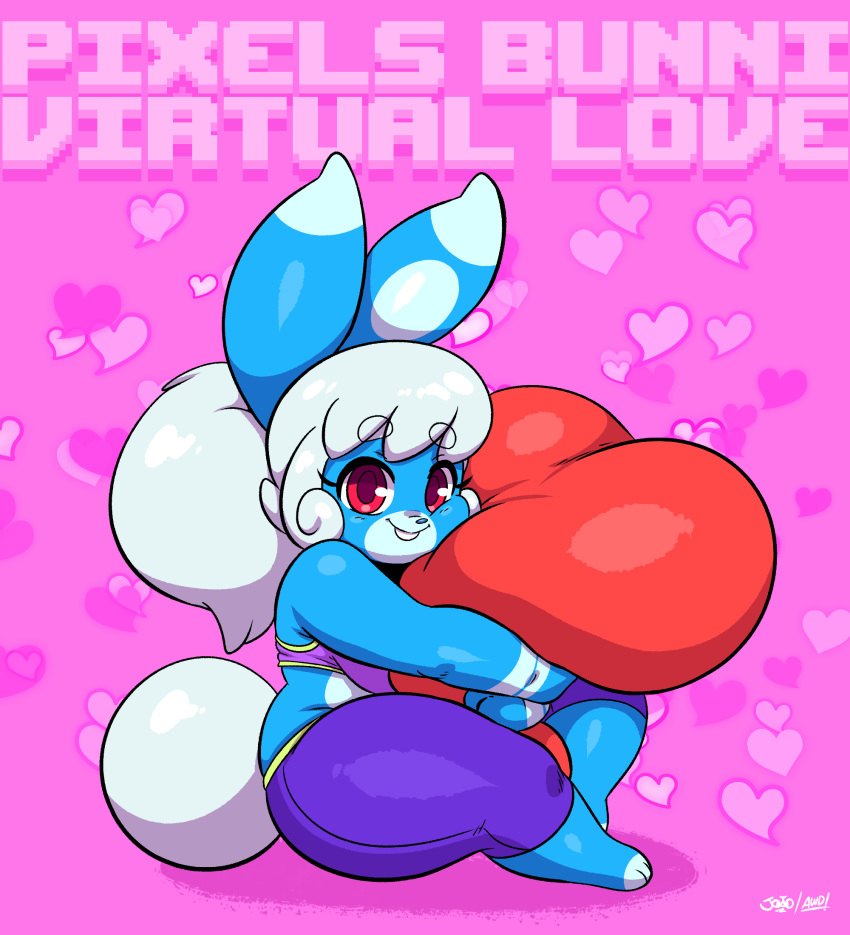 2021 anthro bbw blue_body buckteeth chubby chubby_female clothed clothing cute digital_media_(artwork) english_text female female_only hair happy heart hearts hi_res holding_heart holidays joaoppereiraus lagomorph leporid long_ears long_hair looking_at_viewer mammal pillow pixels_bunni rabbit red_eyes shortstack signature smile smiling solo solo_female teeth text thick_thighs valentine's_day white_hair