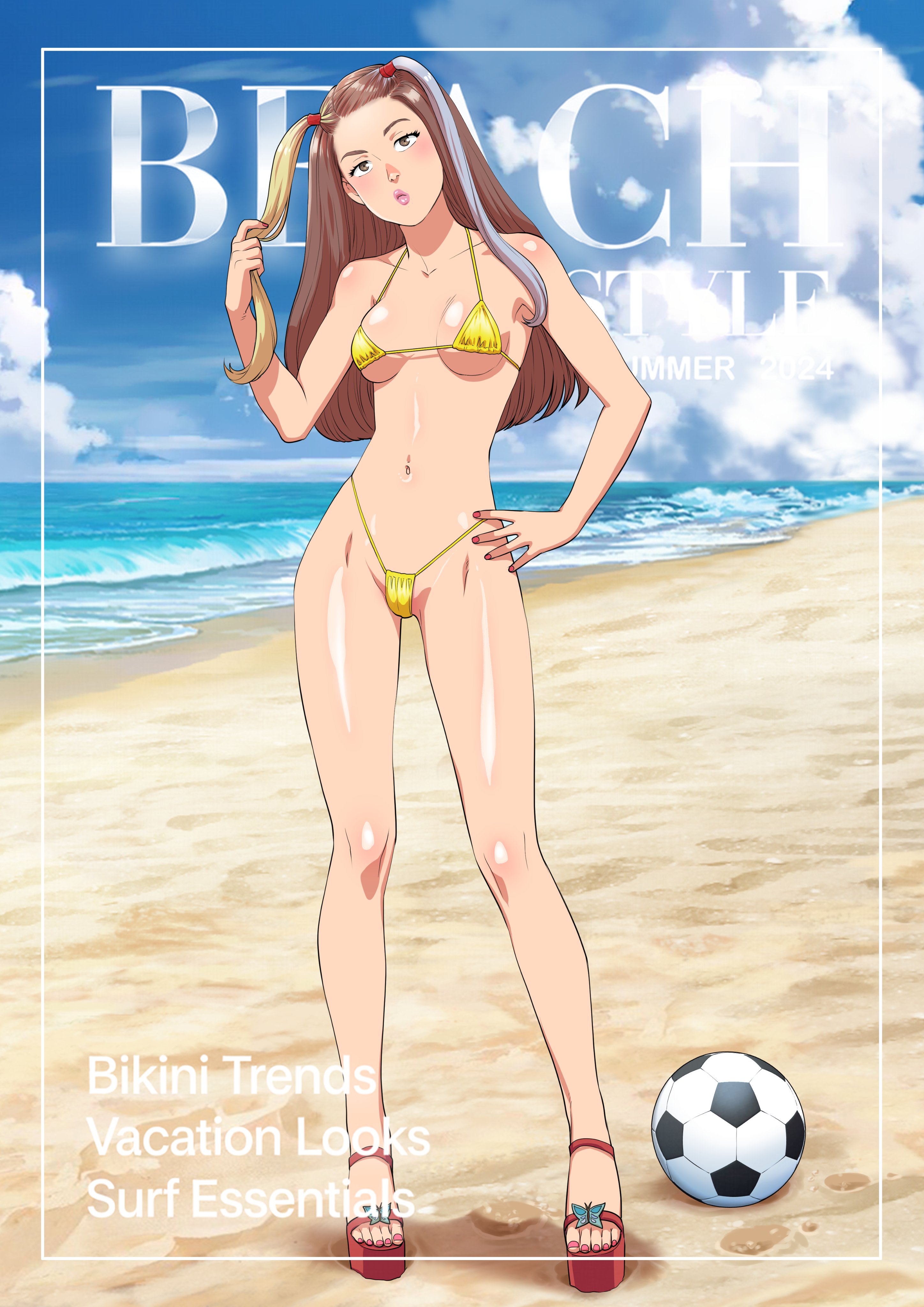 1girls, 2d, 2d (artwork), barely clothed, barely covered, beach, belly, belly button, bikini, blonde hair, breasts, brown eyes, brown hair, butterfly, collarbone, confident, debbie (tekuho), female, female only, flat belly, footwear, grey hair, hand on hip, hi res, high heels, holding hair, human, knees, light skin, light-skinned female, long hair, magazine cover, medium breasts, multicolored hair, navel, ocean, original, original character, outside, painted nails, pink lips, platform footwear, platform heels, pose, posing, posing for the viewer, public, puckered lips, sand, shaved crotch, shoes, slender legs, slim waist, soccer ball, solo, standing, straight hair, summer, swimsuit, teasing, teasing viewer, tekuho, thighs, twintails, water, wide hips, yellow bikini, yellow swimsuit