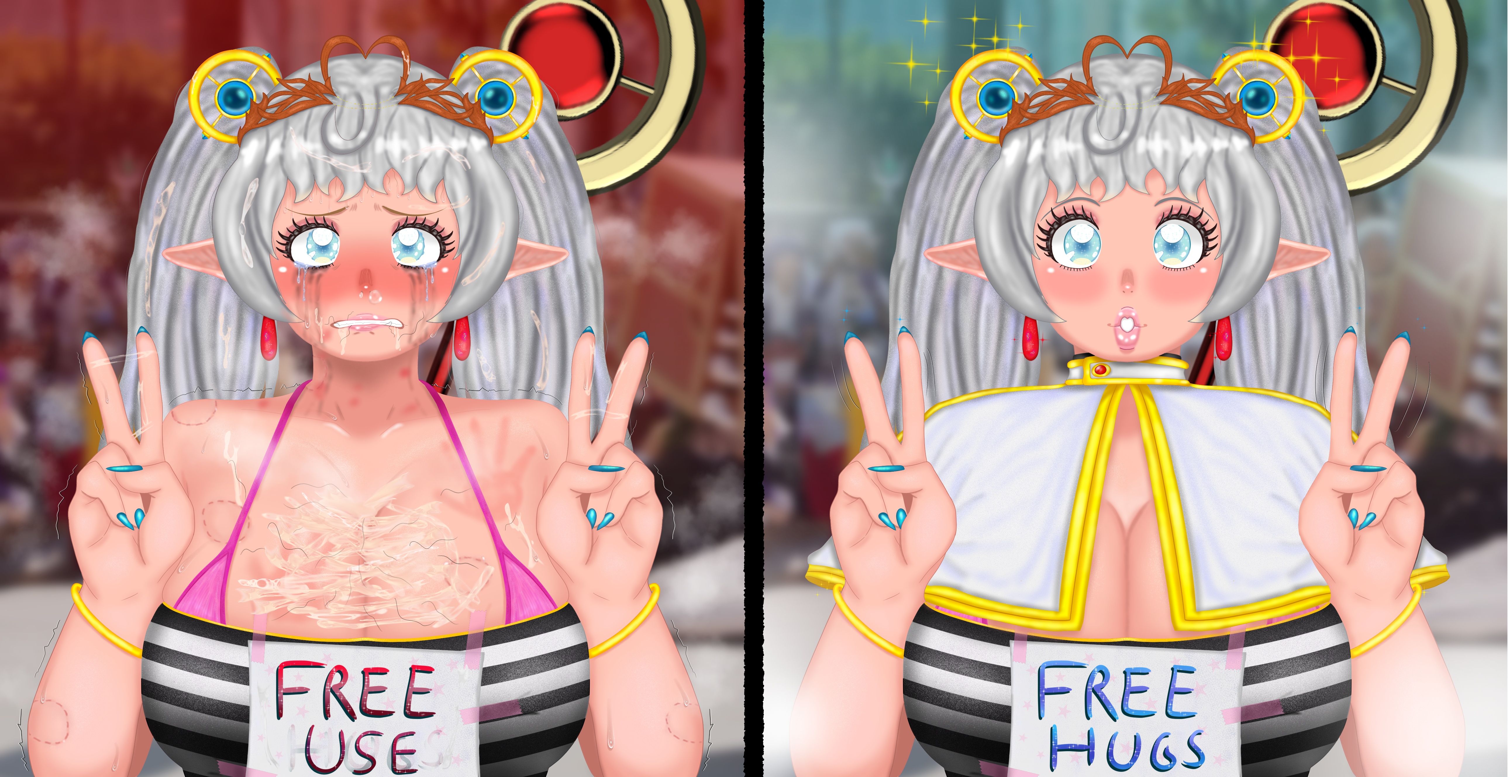 2koma, after ejaculation, after fellatio, after rape, after sex, background, background people, barbie (fellatrix), bare shoulders, before and after, bimbo, bimbo body, bimbo lips, bimbofication, bimbofied, bite, bite mark, bite mark on breast, bite mark on shoulder, bite marks, bites, blue eyes, blue nail polish, blue nails, blush, cleavage, clueless, collarbone, comic, comic page, convention, convention greeting, cosplay, cosplayer, crying, crying female, crying with eyes open, cum, cum bridge, cum on body, cum on breasts, cum on face, cum on hair, cumdrip, cumdump, cumshot, defeated, defeated heroine, double peace sign, double v, earrings, eddarxart, elf, elf ears, fellatrix, free hugs, free use, frieren (cosplay), furrowed brow, furrowed eyebrows, grey hair, gyaru, gyaru gal, gyaru v, gyarufication, gyarufied, hair ornament, handprint, handprint markings, hickey, hickey marks, hickeys, hickeys on neck, incoming attack, incoming hug, instant loss, instant loss 2koma, large breasts, long ears, long eyelashes, long fingernails, long twintails, magic staff, magical girl, makeup, mascara, mascara running, mascara smear, mascara tears, peace sign, pink bikini, pink lips, pink lipstick, public, public humiliation, public indecency, public use, puckered lips, red earrings, ringlets, running makeup, running mascara, runny makeup, runny mascara, shaking, slap mark, smile, snot, snot bubble, sousou no frieren, staff, striped clothing, sweat, sweatdrop, sweating, sweaty, sweaty body, tiara, twintails, twintails (hairstyle), upper body, v sign, vest, writing on paper