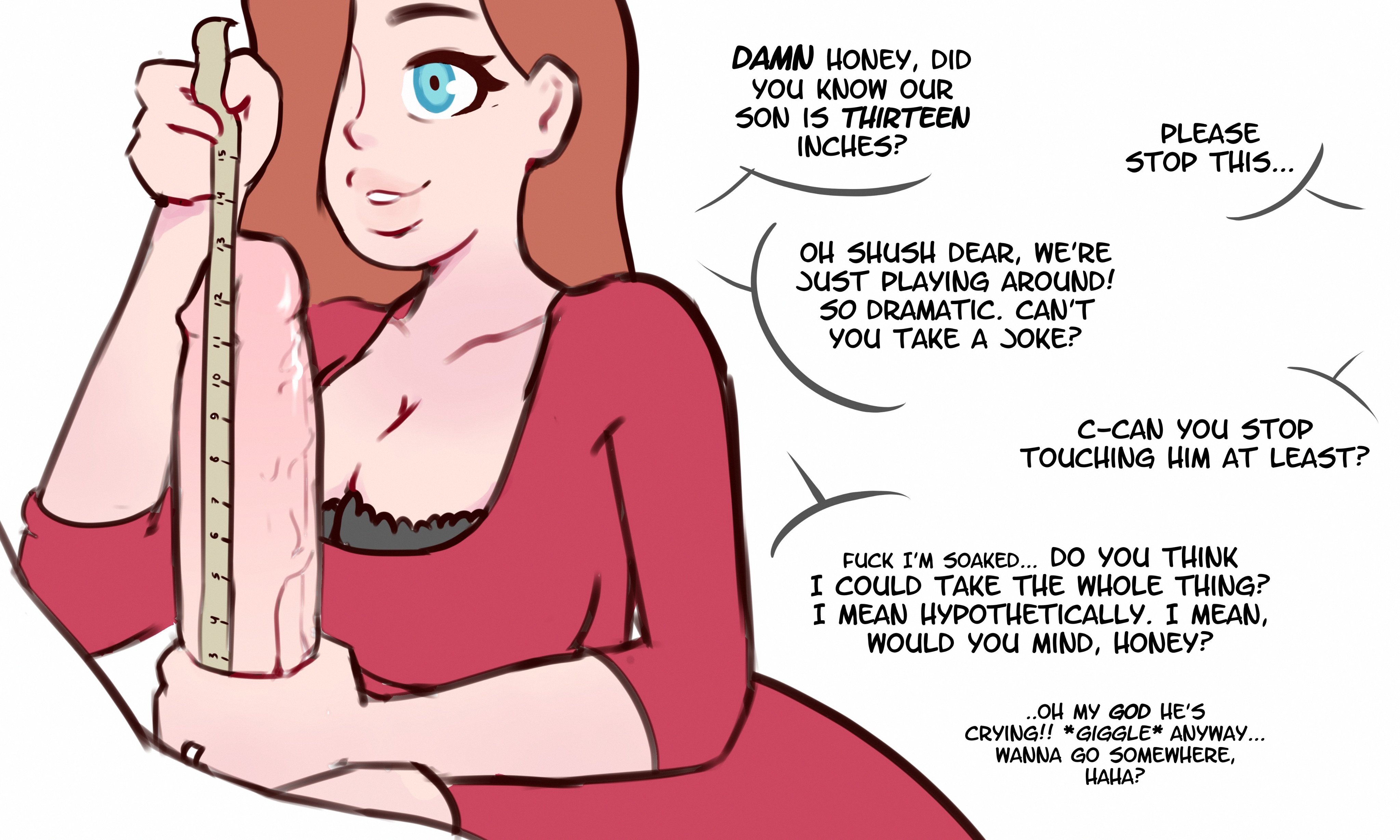 1girls, 2boys, 2d, age difference, big breasts, big penis, blue eyes, breasts, cheating, cheating wife, circumcised, cleavage, cock, cock worship, comic, cucked by own son, cuckold, cyan eyes, dialogue, dick, dirty talk, dress, english text, erection, faceless male, father, female, ginger, ginger female, ginger hair, hair over one eye, hand on penis, holding penis, huge breasts, huge cock, humiliation, husband and wife, hypermommy, imminent incest, incest, lace, long penis, male, mature female, measurements, measuring, measuring penis, measuring tape, milf, mother, mother and child, mother and son, netorare, older female, orange hair, penis, penis awe, penis grab, penis grasp, penis measuring, pink lips, pink penis, ruler, simple background, size comparison, sleeves pushed up, small but hung, small penis humiliation, son, specified penis size, speech bubble, straight, tape, tape measure, text, thick lips, trying not to cum, white background, younger male